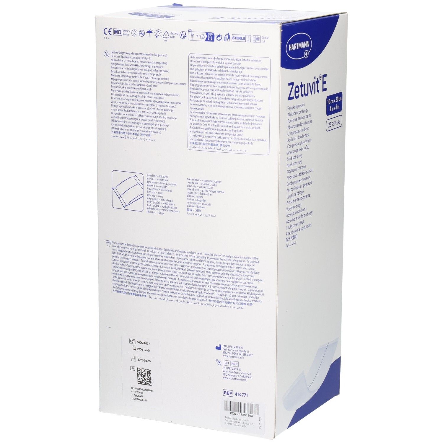 Rückseite der Zetuvit E Saugkompressen Verpackung mit Produktinformationen und CE-Kennzeichnung.