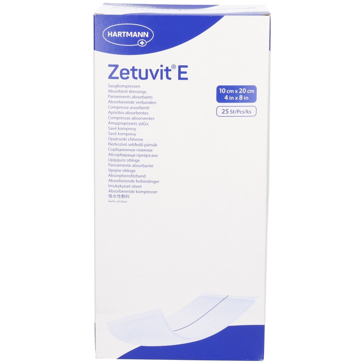 Verpackung Zetuvit E Saugkompressen, 10x20 cm, 25 Stück.