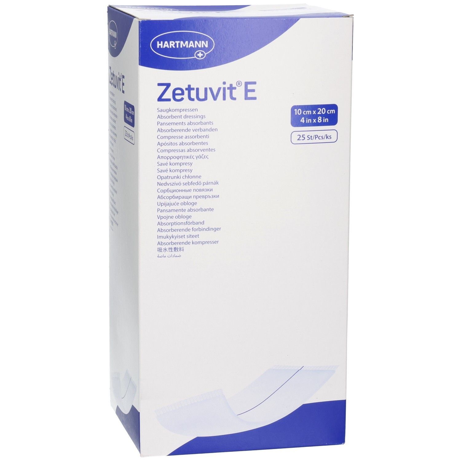 Verpackung Zetuvit E Saugkompressen, 10x20 cm, 25 Stück.