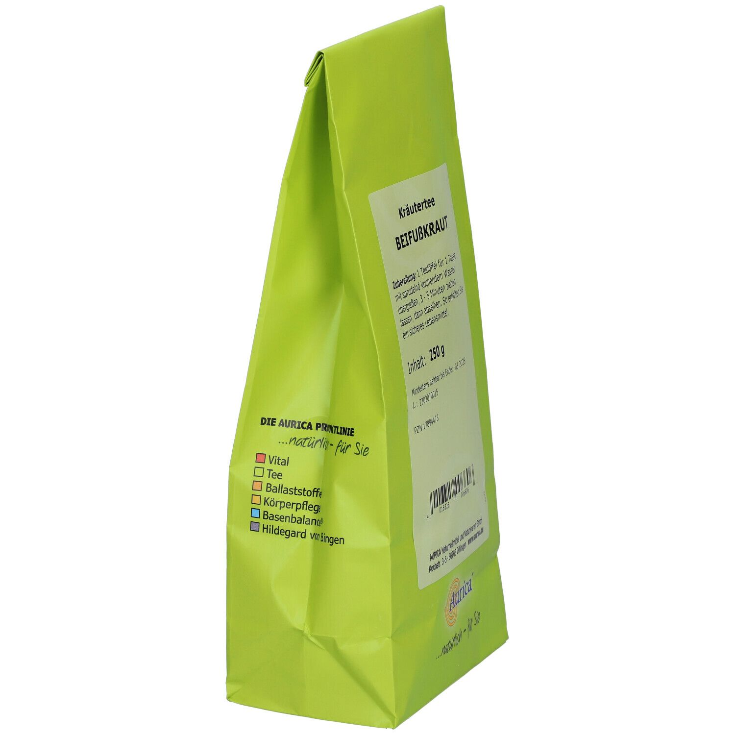 Grüner Beutel mit Aurica Kräutertee Beifußkraut. Aufschrift: Aurica Logo, Vital, Tee, Basenstoffe, Körperpflege, Hildegard.