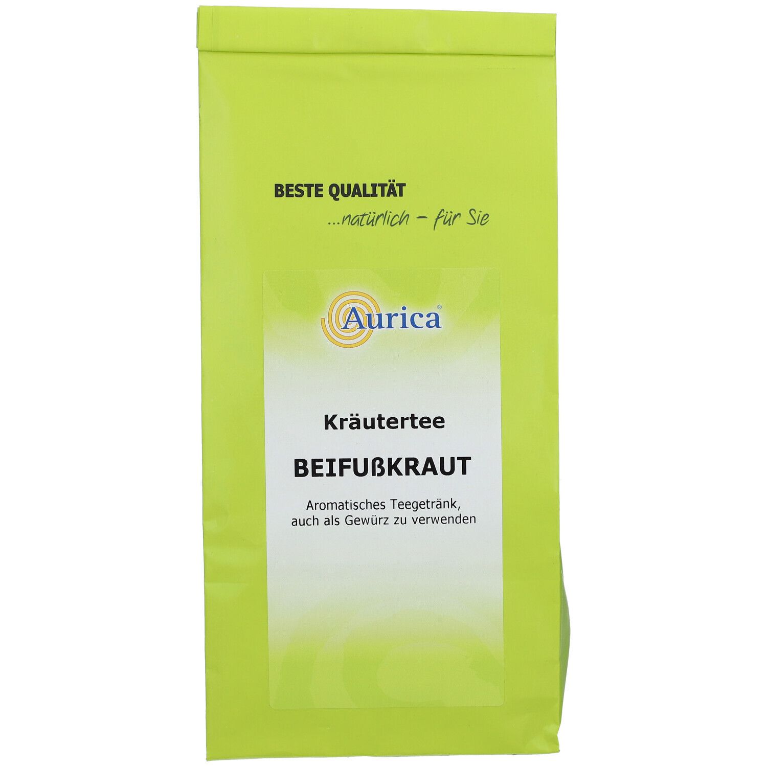 Grüner Beutel mit Aurica Kräutertee Beifußkraut. Aufschrift: Beste Qualität, Aurica Logo, Kräutertee, Beifußkraut.