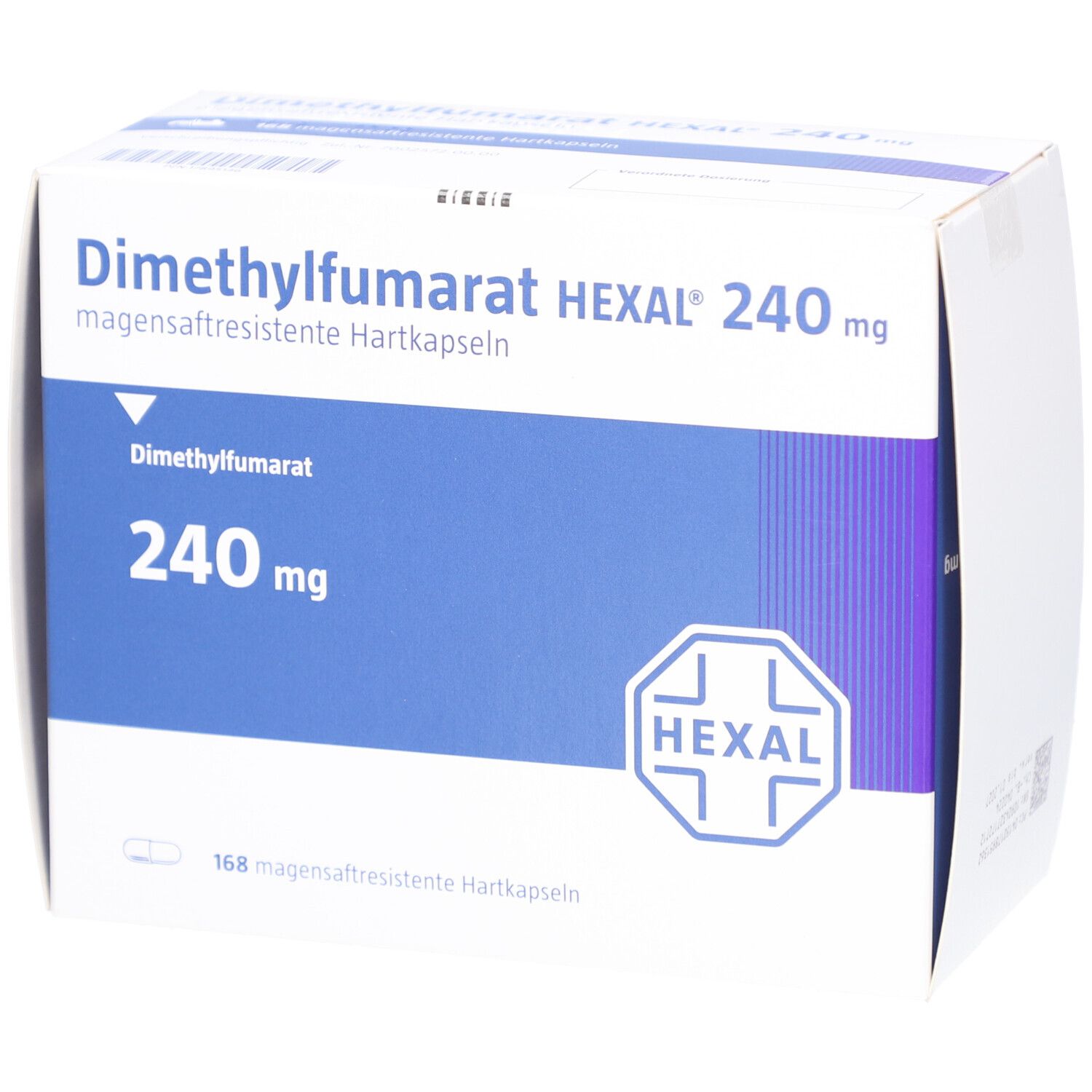 Verpackung von Dimethylfumarat HEXAL 240 mg Hartkapseln. Blaue und weiße Schachtel mit Produktinformationen und HEXAL-Logo.