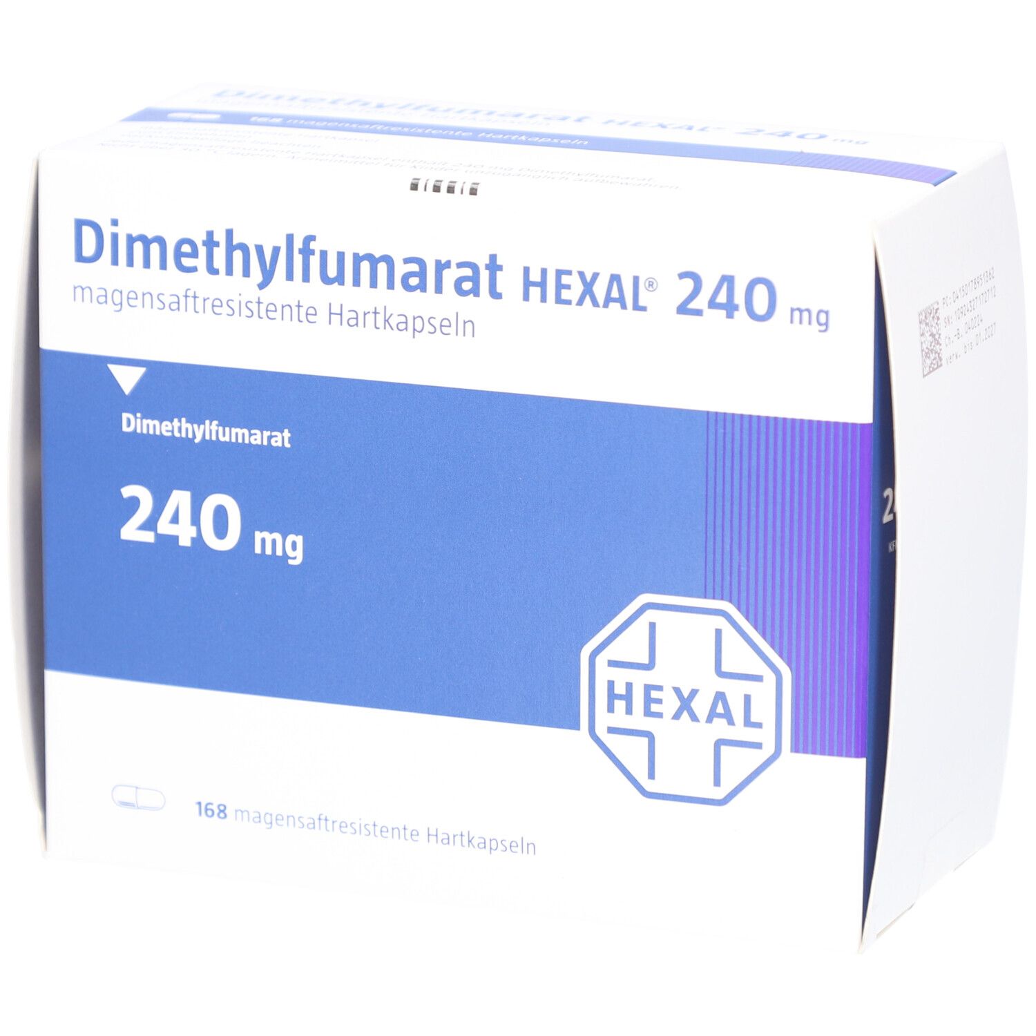 Verpackung von Dimethylfumarat HEXAL 240 mg. Weiße Schachtel mit blauer Fläche und Produktinformationen. HEXAL-Logo.
