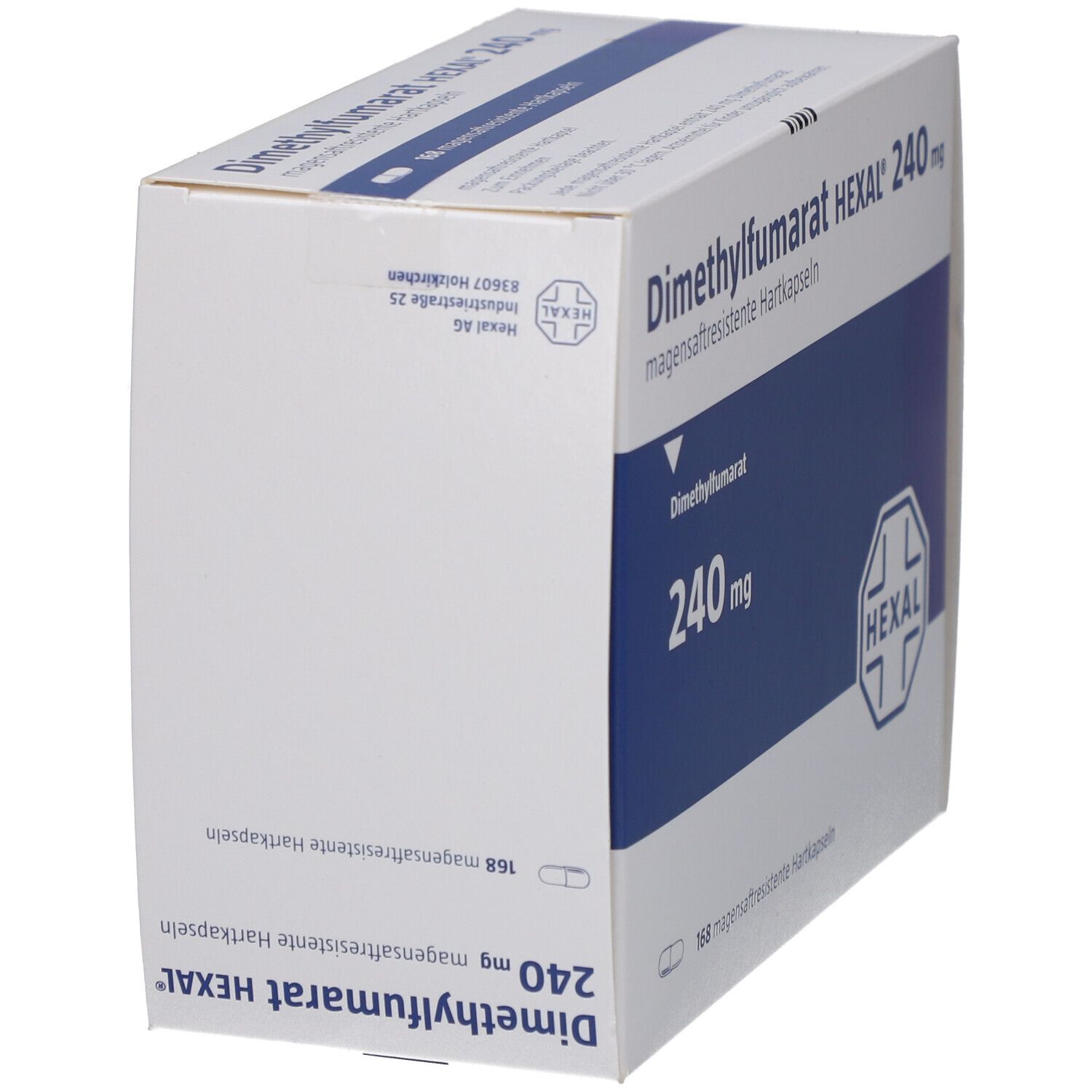 Schachtel Dimethylfumarat HEXAL 240 mg. Weiße Verpackung mit blauer Fläche und Produktinformationen. HEXAL-Logo.