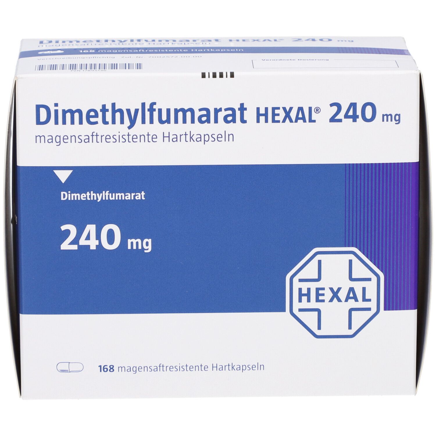 Verpackung von Dimethylfumarat HEXAL 240 mg. Weiße Schachtel mit blauer Fläche und Produktinformationen. HEXAL-Logo.