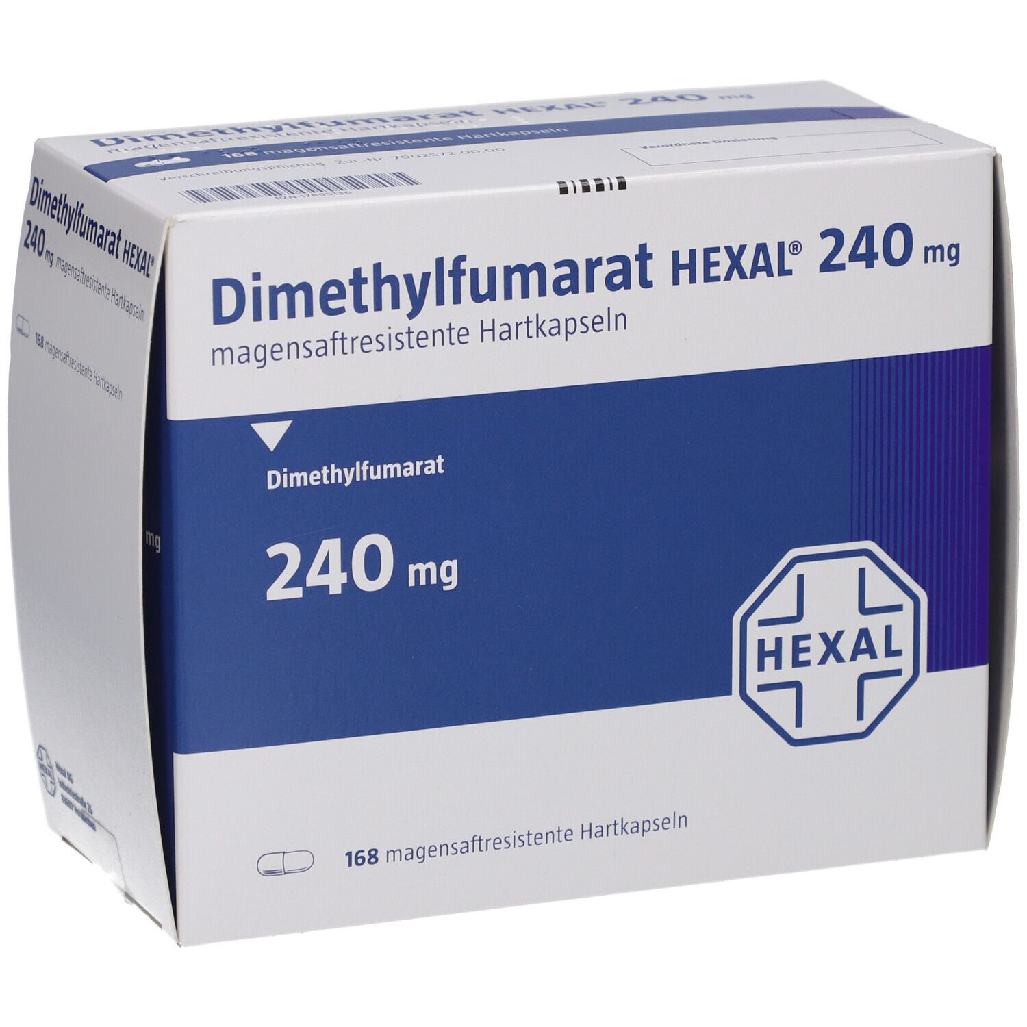 Verpackung von Dimethylfumarat HEXAL 240 mg. Weiße Schachtel mit blauer Fläche und Produktinformationen. HEXAL-Logo.