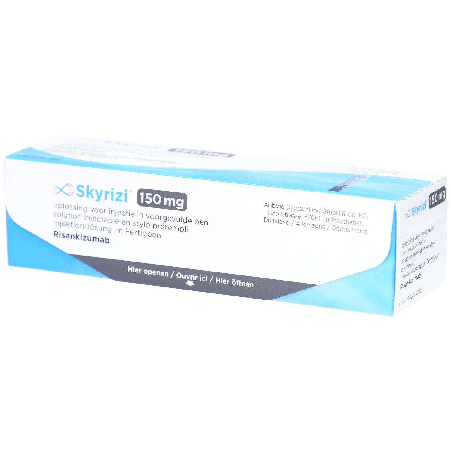 Schachtel mit SKYRIZI 150 mg Injektionslösung im Fertigpen. Blaue und weiße Verpackung mit Produktnamen und Dosierung.