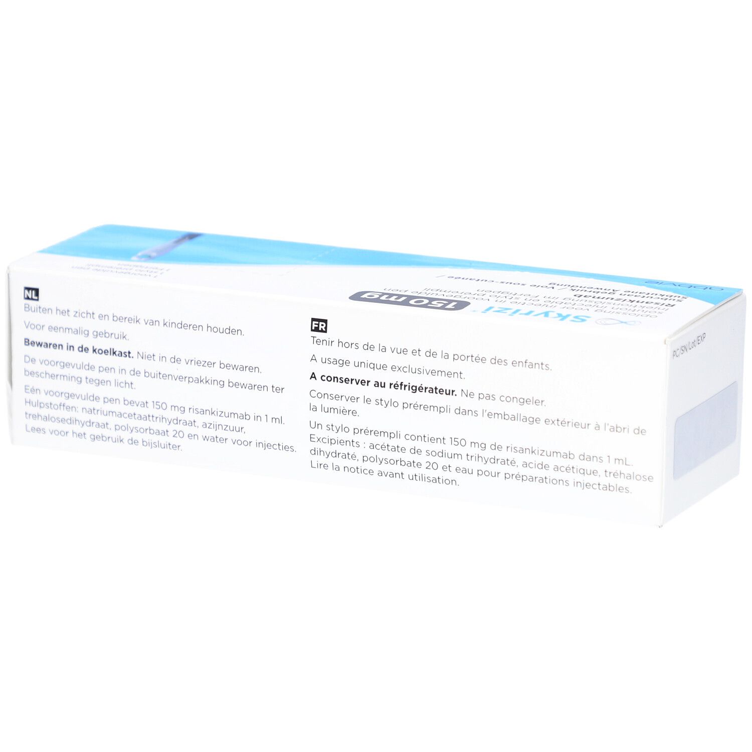 Rückseite der SKYRIZI 150 mg Verpackung. Text in mehreren Sprachen. Enthält Informationen zur Aufbewahrung und Inhaltsstoffen.