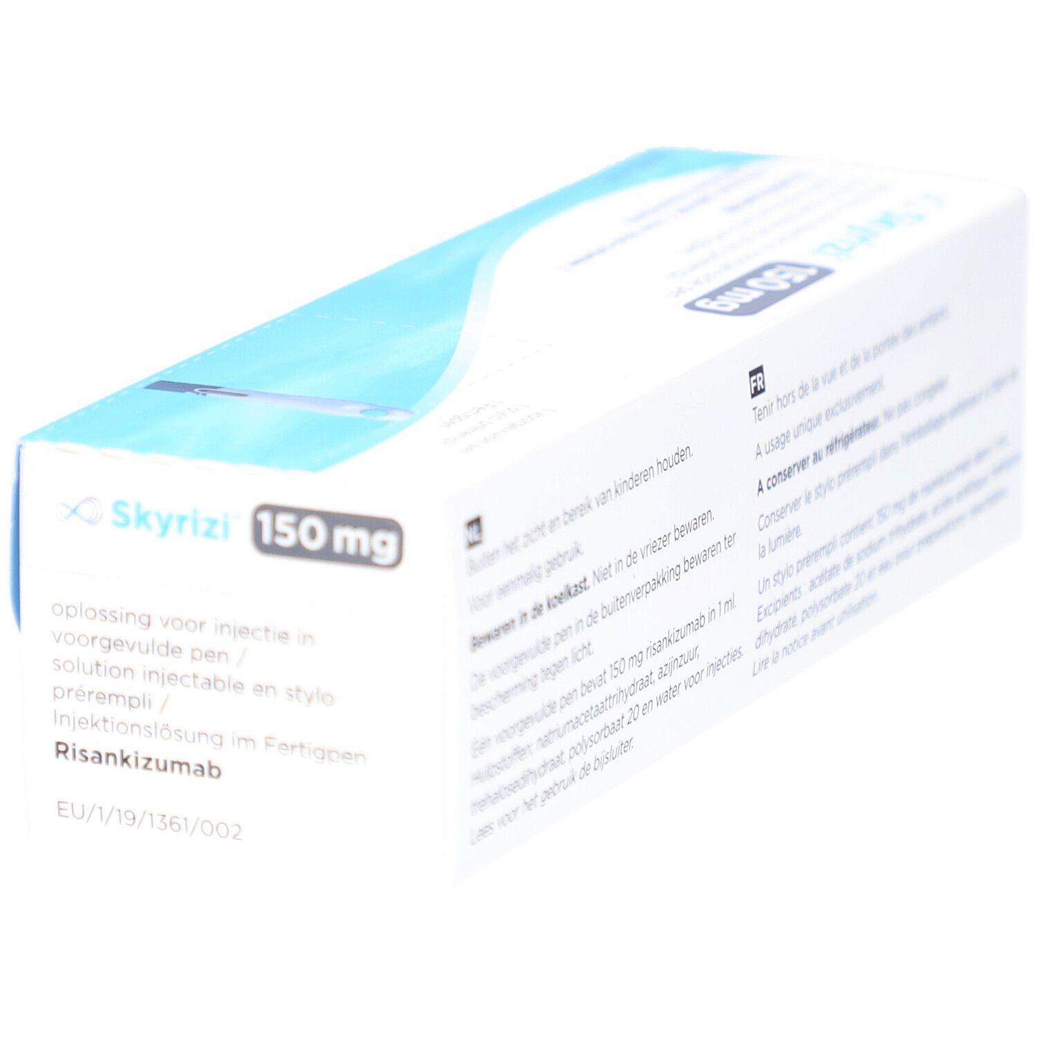 Seitenansicht der SKYRIZI 150 mg Verpackung. Text in mehreren Sprachen. Enthält Informationen zum Produkt.