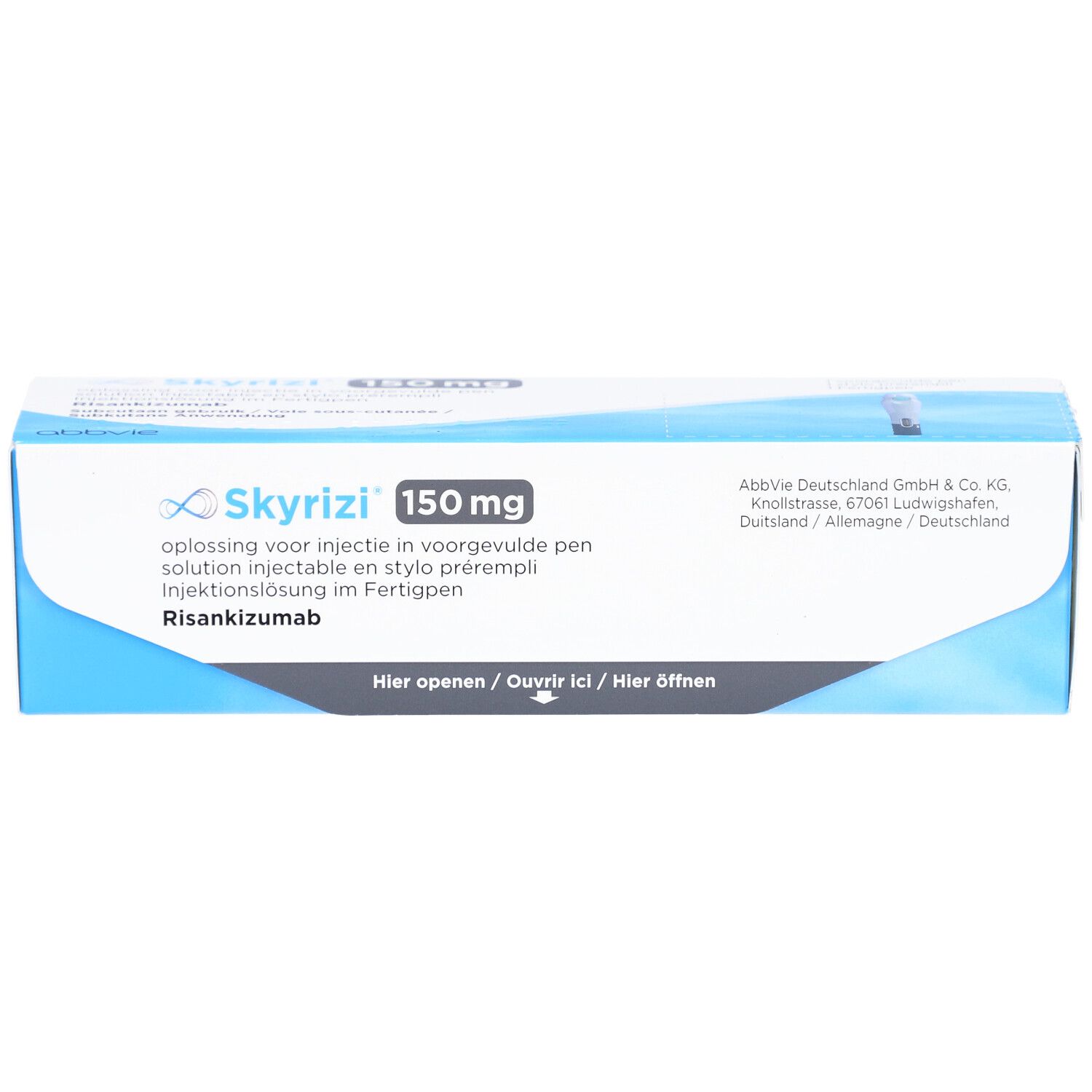 Schachtel SKYRIZI 150 mg. Blaue und weiße Verpackung. Produktname und Dosierung deutlich sichtbar. Vorderansicht.