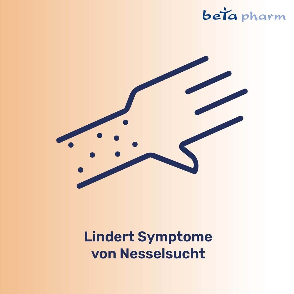 Illustration einer Hand mit Hautausschlag. Text: Lindert Symptome von Nesselsucht. Beta pharm Logo.