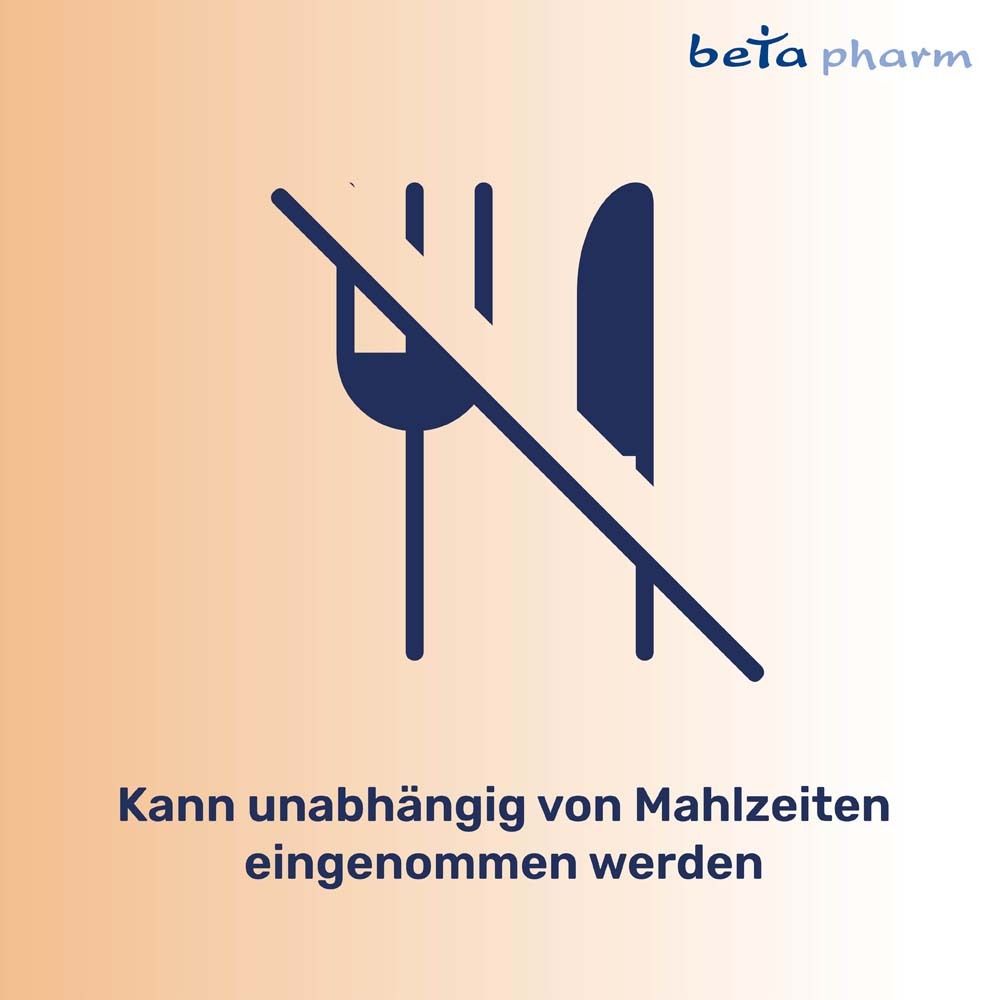 Illustration von Gabel und Messer mit einem diagonalen Strich. Text: Kann unabhängig von Mahlzeiten eingenommen werden.