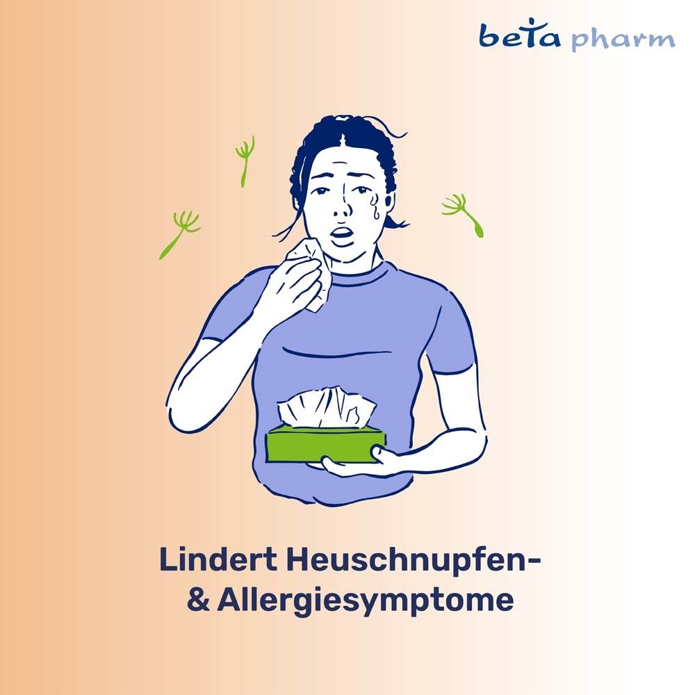Illustration einer Person, die sich die Nase putzt. Text: Lindert Heuschnupfen- & Allergiesymptome. Logo: beta pharm.