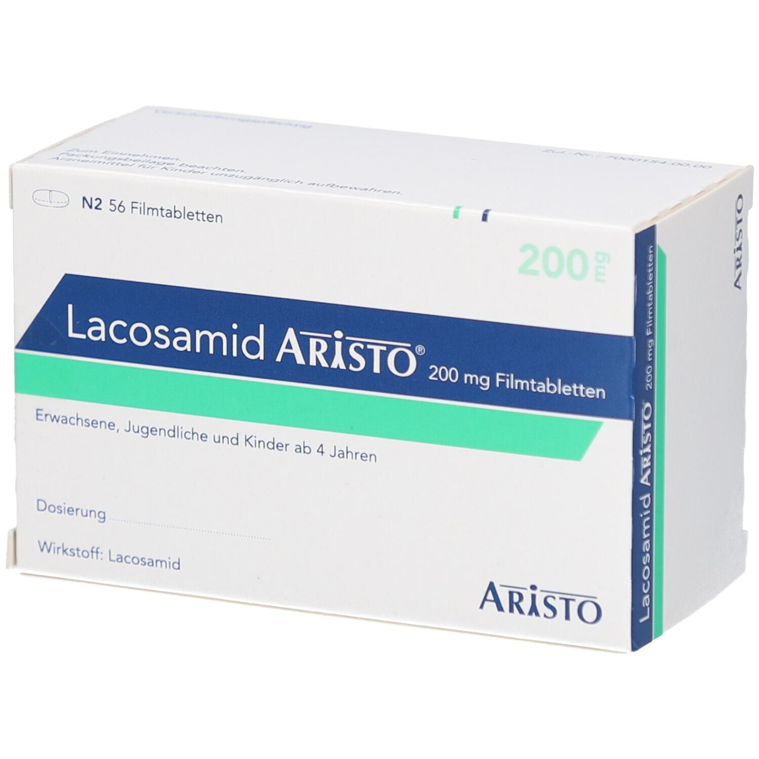 Aristo Lacosamid 200 mg Filmtabletten-Packung. Blaue und grüne Akzente. Text: Lacosamid Aristo, 200 mg Filmtabletten, N2 56 Filmtabletten.