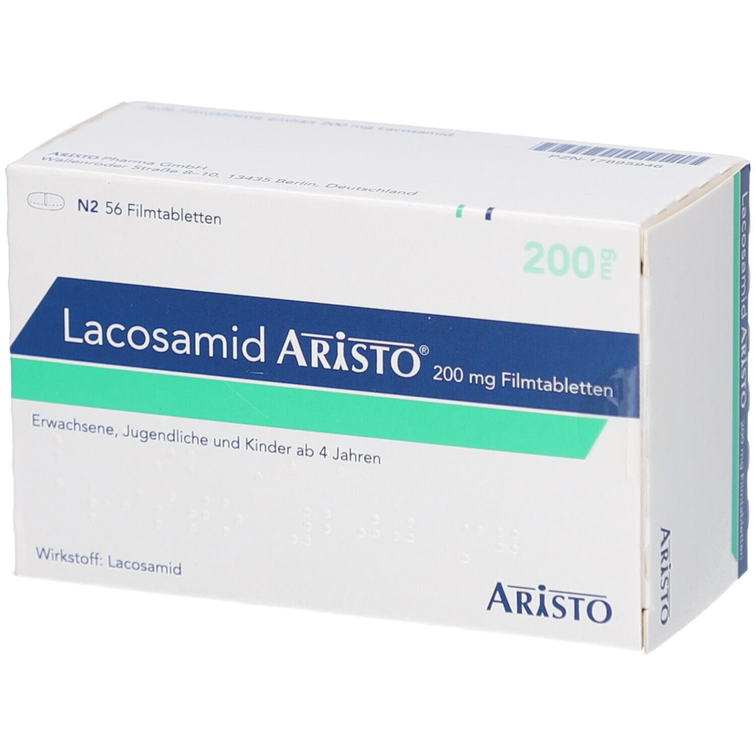 Aristo Lacosamid 200 mg Filmtabletten-Packung. Blaue und grüne Akzente. Text: Lacosamid Aristo, 200 mg Filmtabletten, N2 56 Filmtabletten.