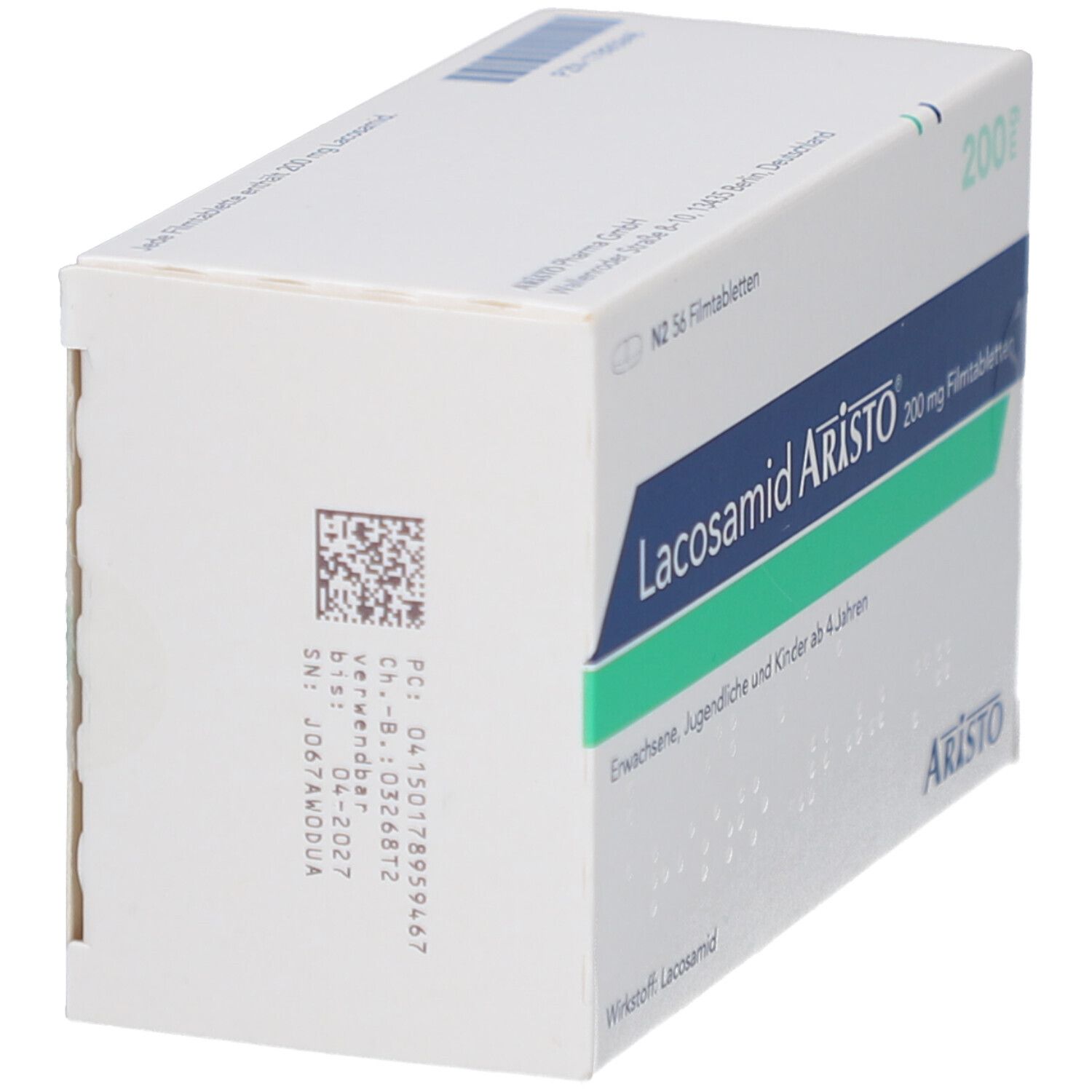 Aristo Lacosamid 200 mg Filmtabletten-Packung. Weiße Schachtel mit Text und Barcode. Text: Lacosamid Aristo, 200 mg Filmtabletten.