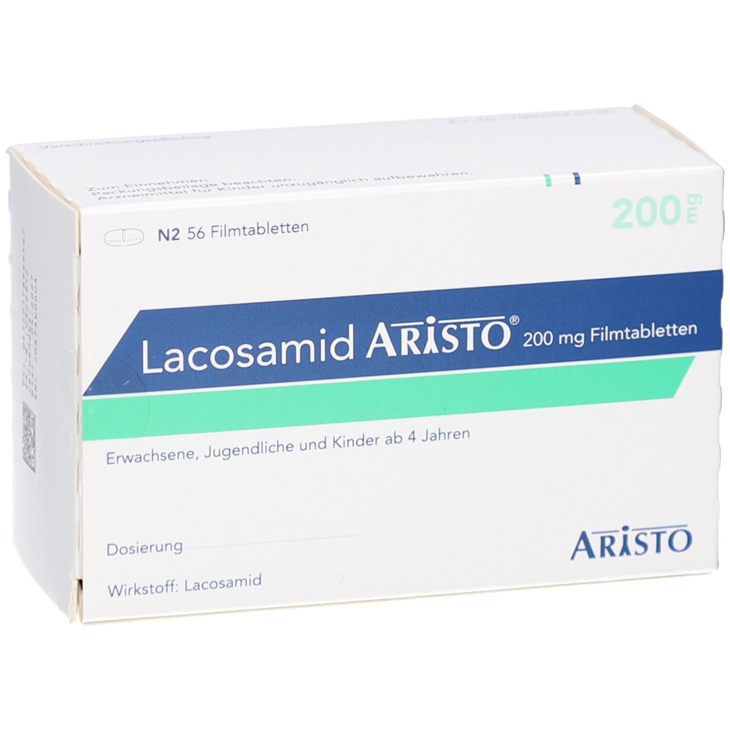 Aristo Lacosamid 200 mg Filmtabletten-Packung. Blaue und grüne Akzente. Text: Lacosamid Aristo, 200 mg Filmtabletten, N2 56 Filmtabletten.