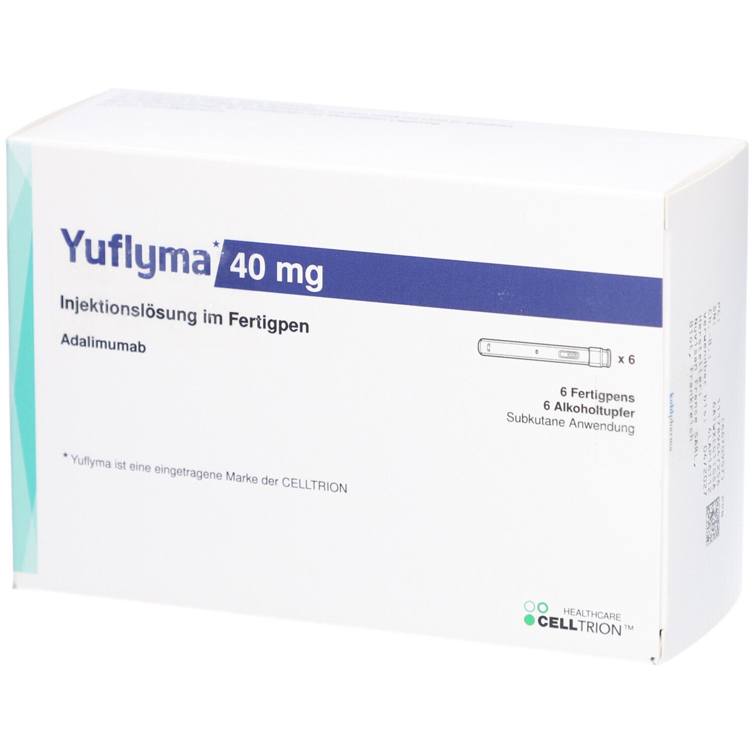 Weiße Verpackung mit blauer Schrift. Beschriftung: Yuflyma 40 mg, Injektionslösung im Fertigpen. Enthält 6 Fertigpens und Alkoholtupfer.