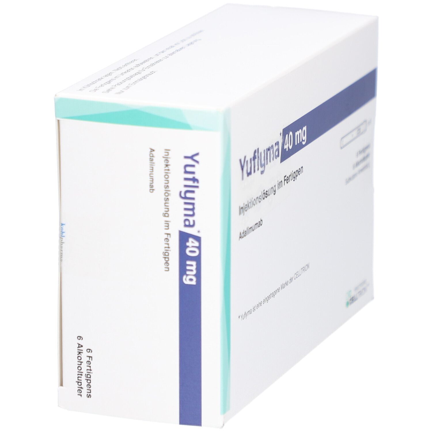 Weiße Verpackung mit blauer Schrift. Beschriftung: Yuflyma 40 mg, Injektionslösung im Fertigpen. Enthält 6 Fertigpens und Alkoholtupfer.