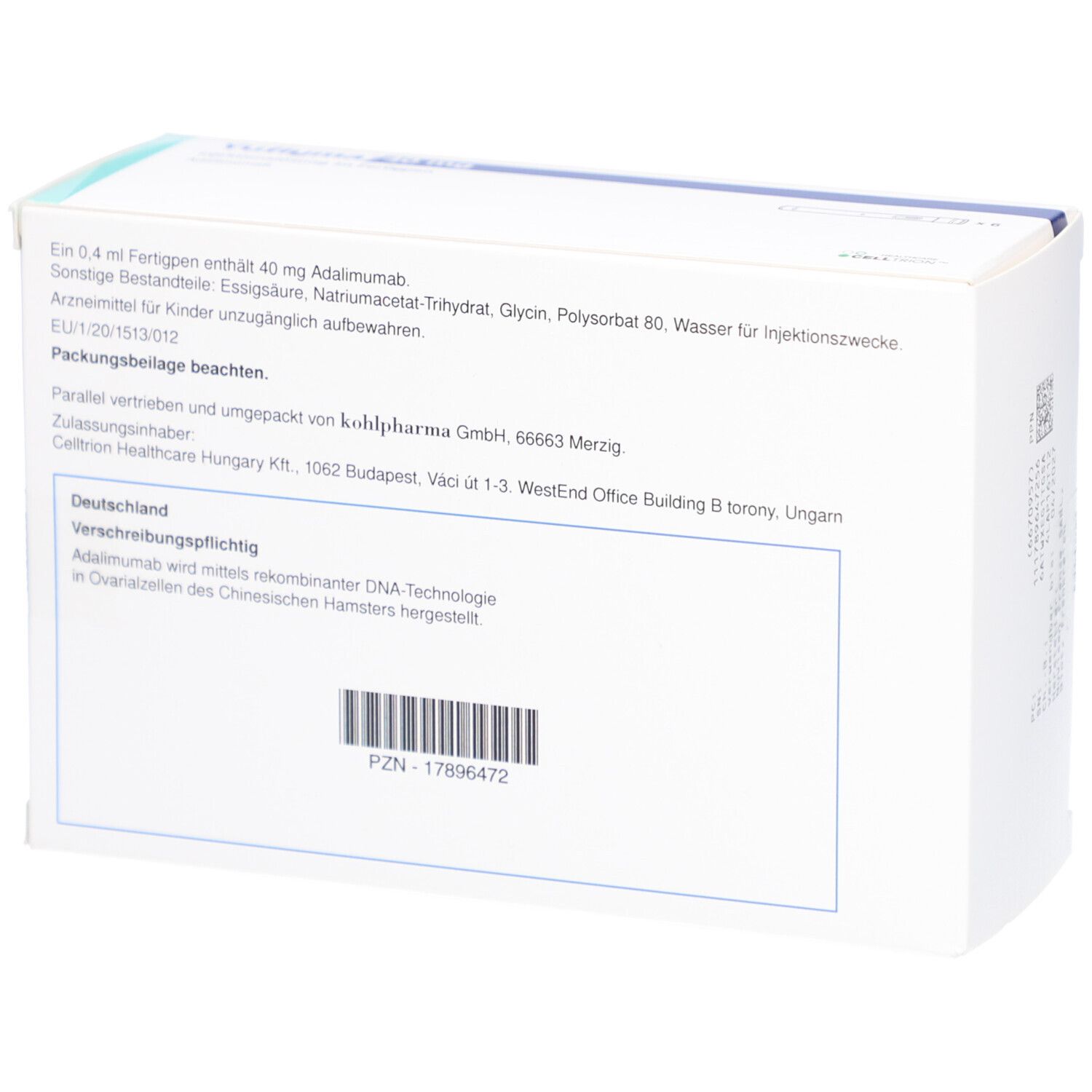 Rückseite einer weißen Verpackung. Text: Inhaltsstoffe, Herstellerinformationen, Chargennummer und Barcode.