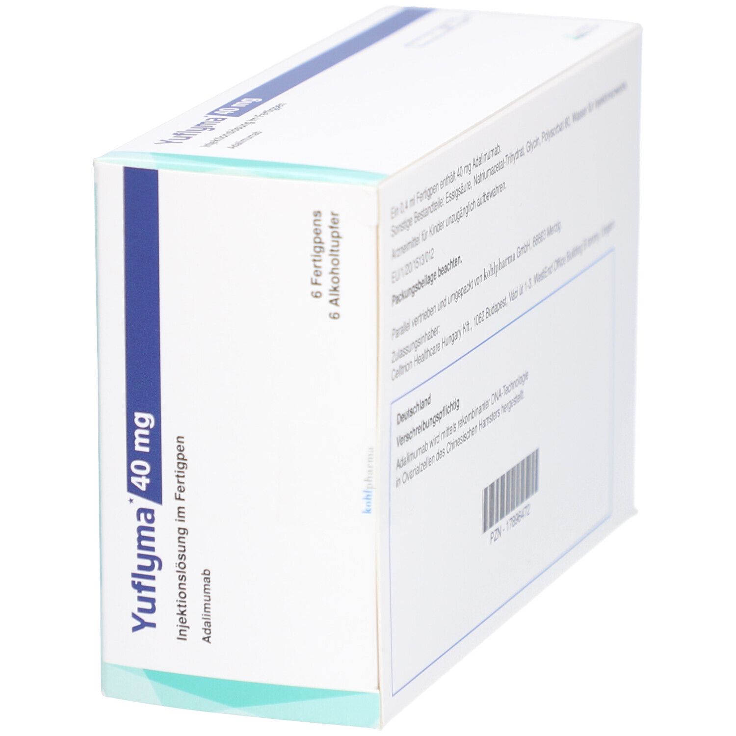 Weiße Verpackung mit blauer Schrift. Beschriftung: Yuflyma 40 mg, Injektionslösung im Fertigpen. Enthält 6 Fertigpens und Alkoholtupfer.