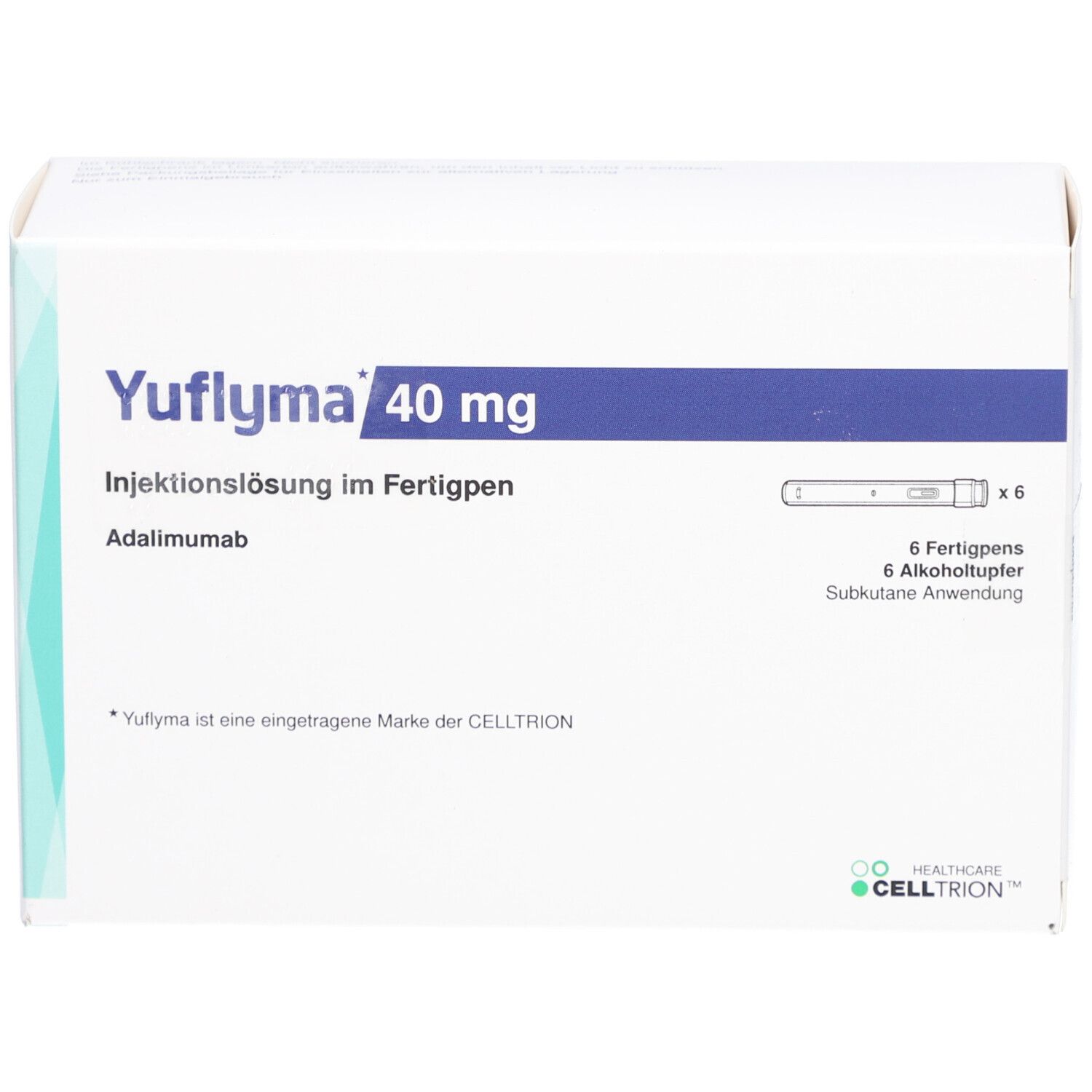 Weiße Verpackung mit blauer Schrift. Beschriftung: Yuflyma 40 mg, Injektionslösung im Fertigpen. Enthält 6 Fertigpens und Alkoholtupfer.