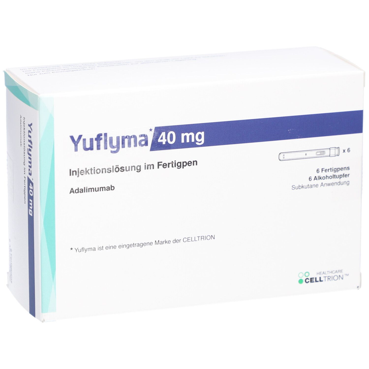 Weiße Verpackung mit blauer Schrift. Beschriftung: Yuflyma 40 mg, Injektionslösung im Fertigpen. Enthält 6 Fertigpens und Alkoholtupfer.