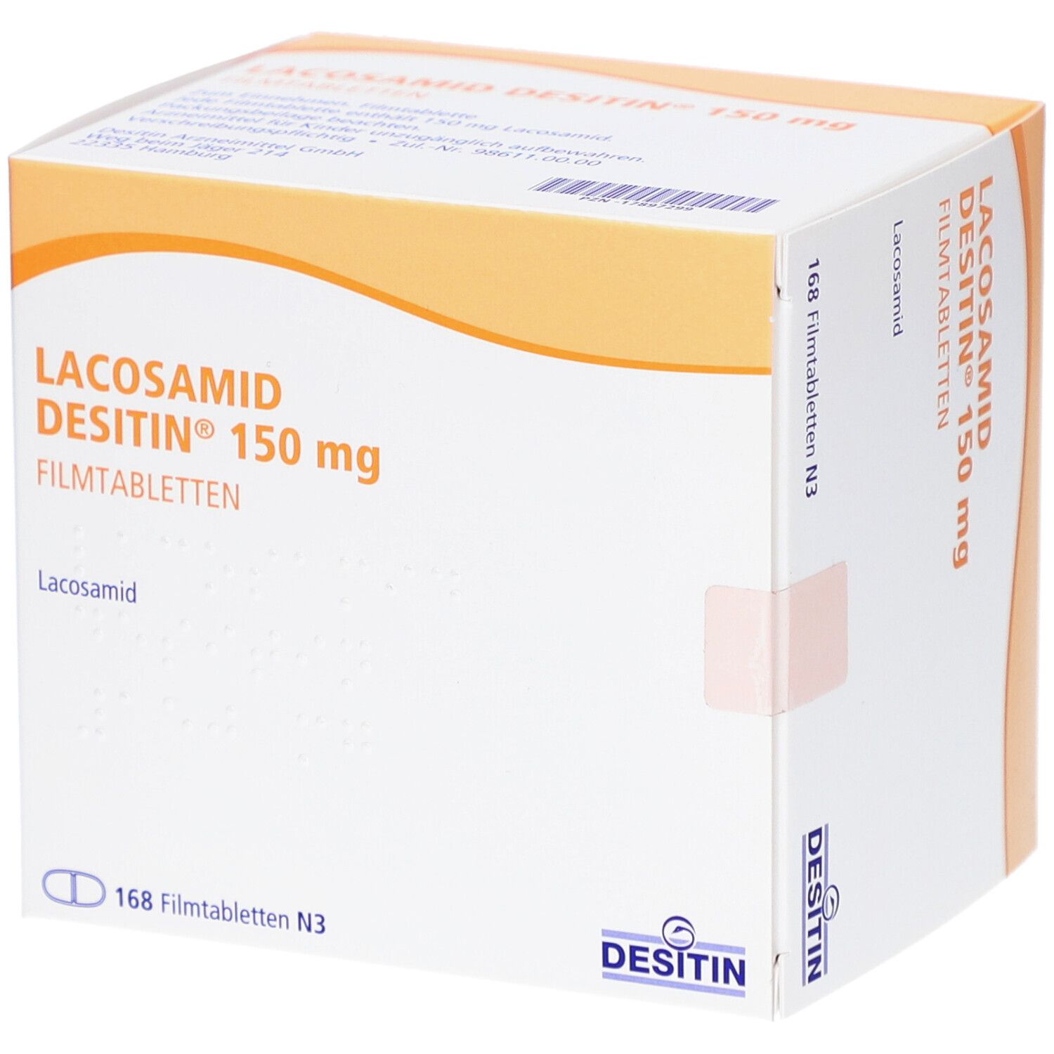 Verpackung von LACOSAMID DESITIN 150 mg Filmtabletten. Weißer Karton mit orangefarbenen Akzenten. Beschriftung: LACOSAMID DESITIN 150 mg Filmtabletten.