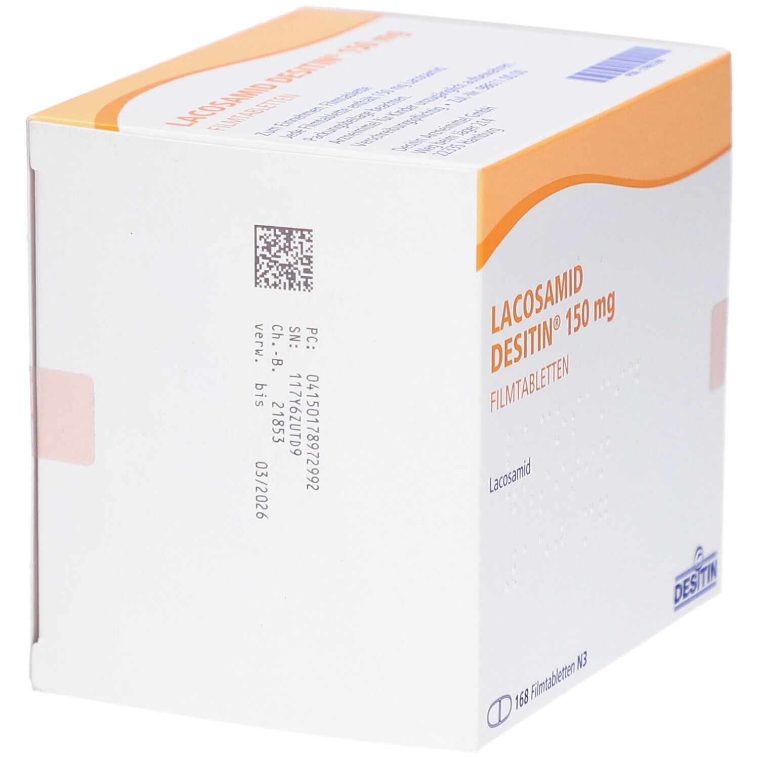 Verpackung von LACOSAMID DESITIN 150 mg Filmtabletten. Weißer Karton mit orangefarbenen Akzenten. Rückseite mit Barcode und Informationen.