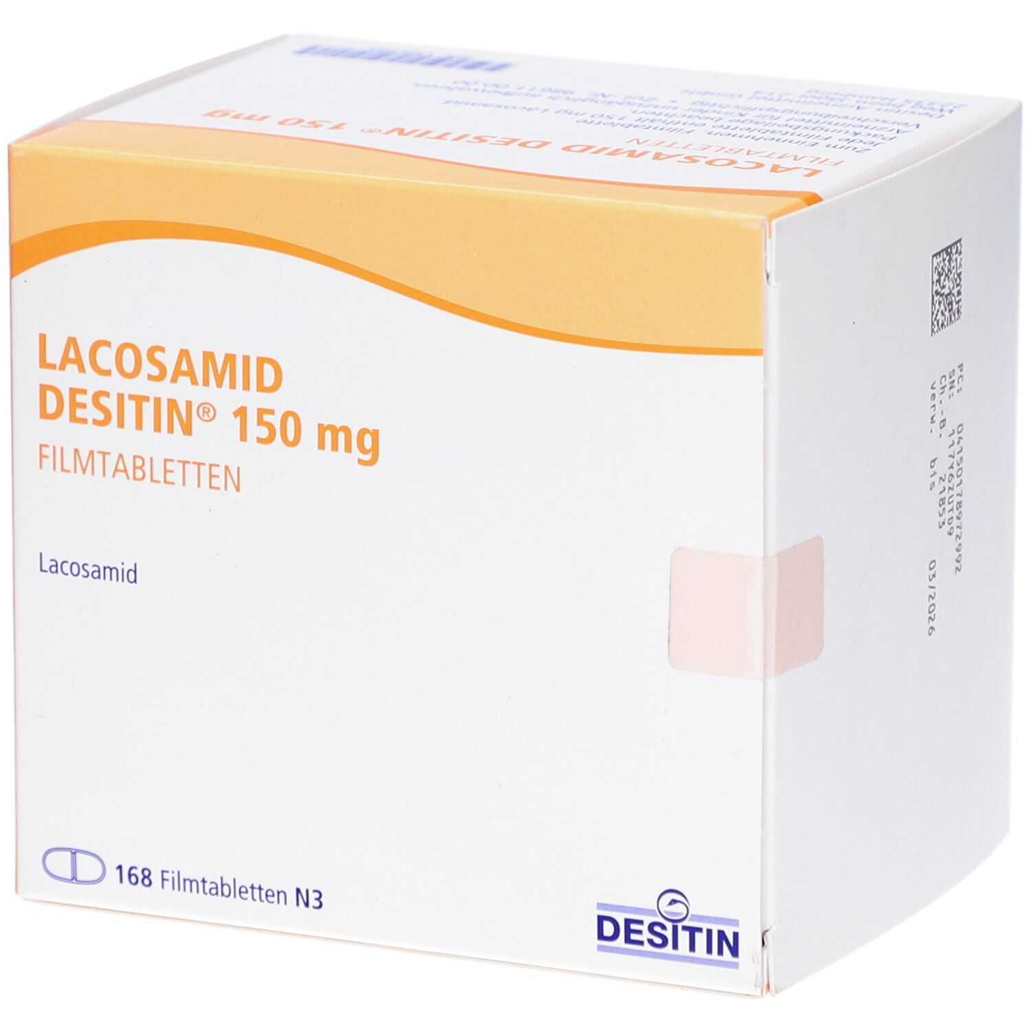 Verpackung von LACOSAMID DESITIN 150 mg Filmtabletten. Weißer Karton mit orangefarbenen Akzenten. Beschriftung: LACOSAMID DESITIN 150 mg Filmtabletten.