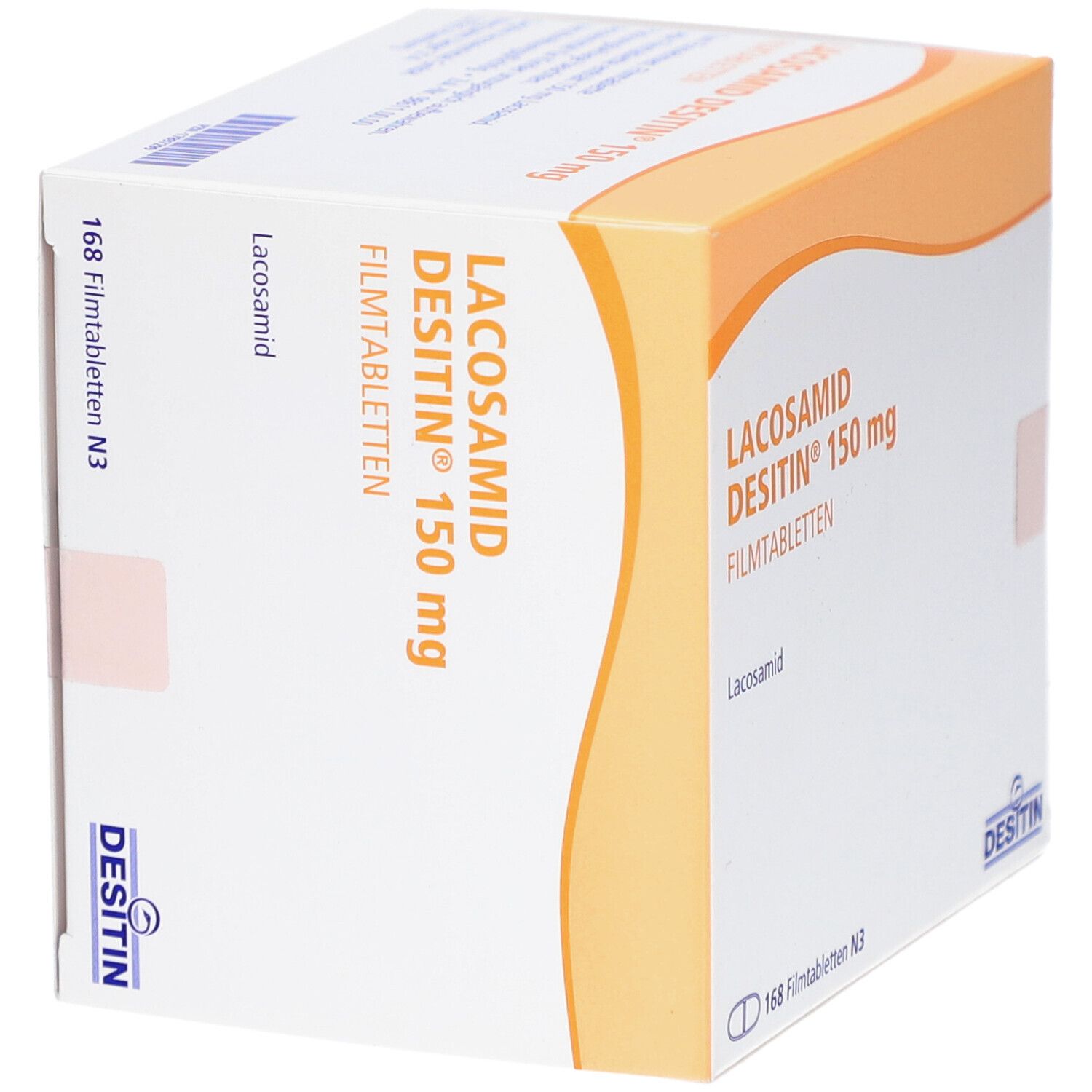 Verpackung von LACOSAMID DESITIN 150 mg Filmtabletten. Weißer Karton mit orangefarbenen Akzenten. Beschriftung: LACOSAMID DESITIN 150 mg Filmtabletten.