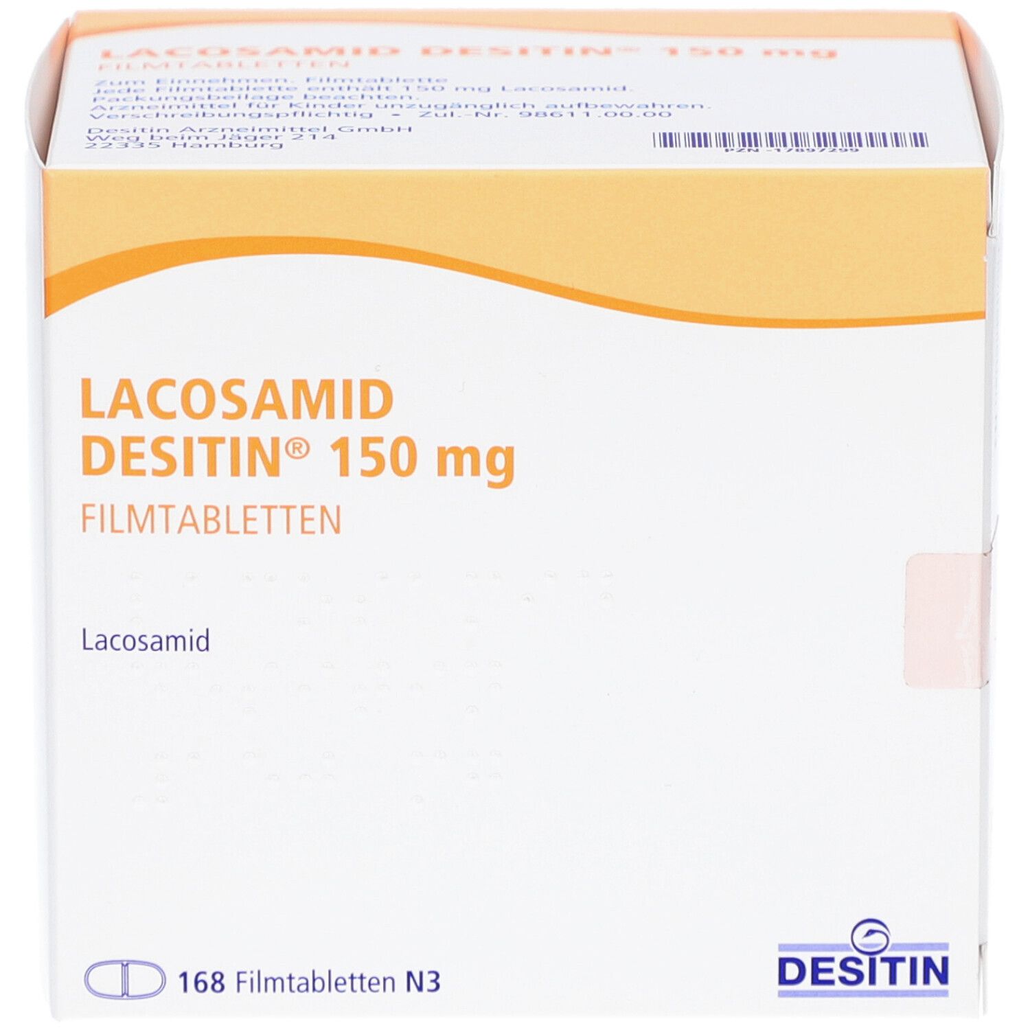 Verpackung von LACOSAMID DESITIN 150 mg Filmtabletten. Weißer Karton mit orangefarbenen Akzenten. Beschriftung: LACOSAMID DESITIN 150 mg Filmtabletten.