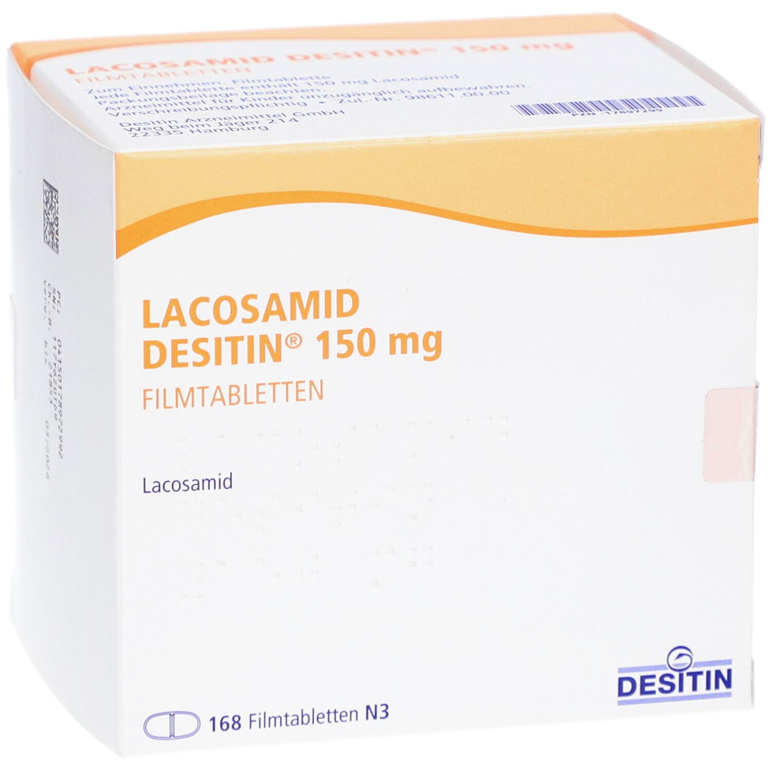 Verpackung von LACOSAMID DESITIN 150 mg Filmtabletten. Weißer Karton mit orangefarbenen Akzenten. Beschriftung: LACOSAMID DESITIN 150 mg Filmtabletten.