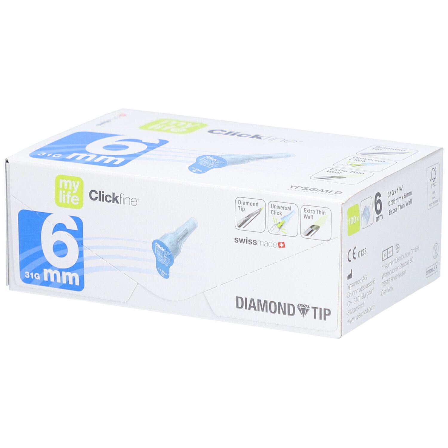 Verpackung mit 6 Kanülen. Aufschrift: 6 mm, mylife Clickfine, Diamond Tip. Abbildung einer Kanüle.