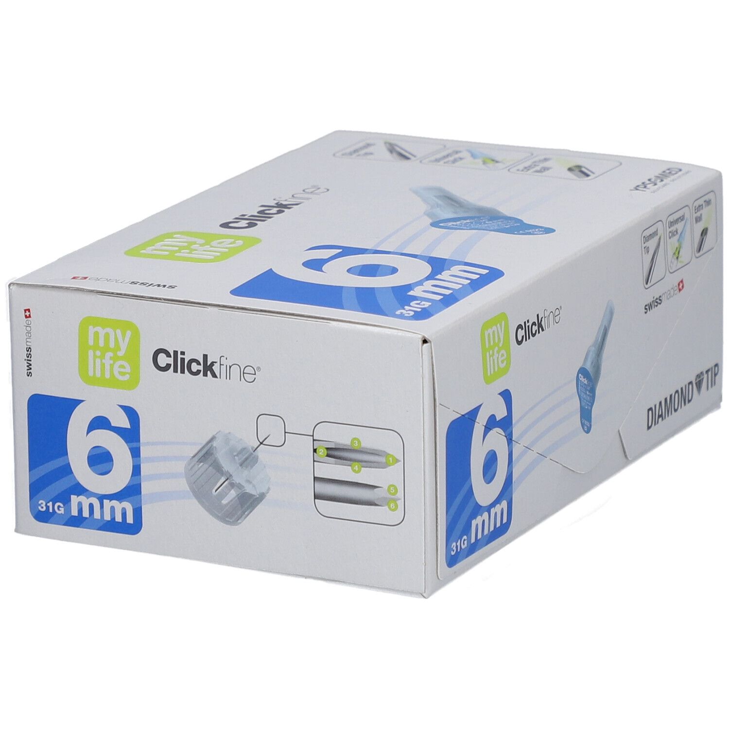Verpackung mit 6 Kanülen. Aufschrift: 6 mm, mylife Clickfine, Diamond Tip. Abbildungen von Kanülen.