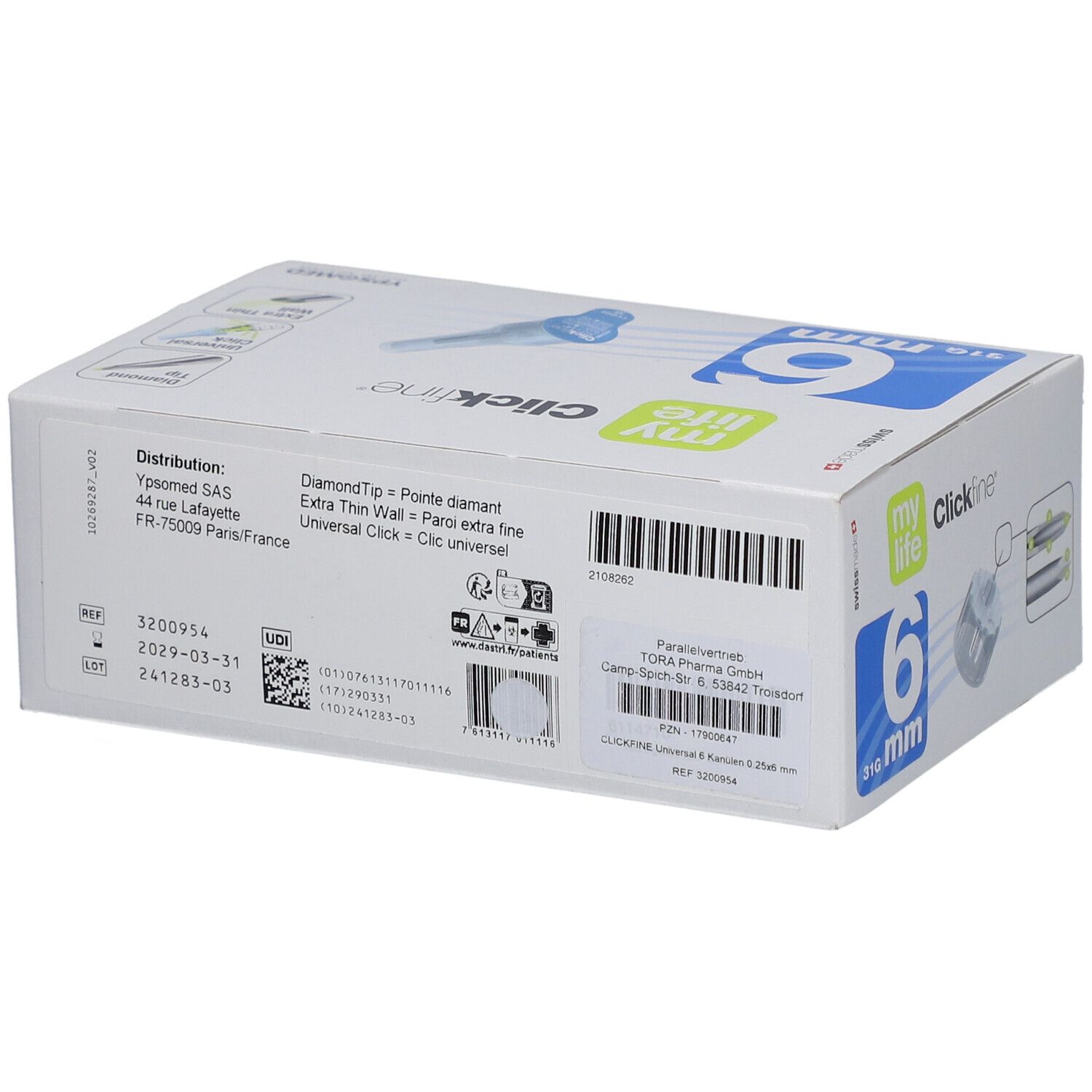 Verpackung mit 6 Kanülen. Aufschrift: 6 mm, mylife Clickfine, Diamond Tip. Barcode und Herstellerinformationen.