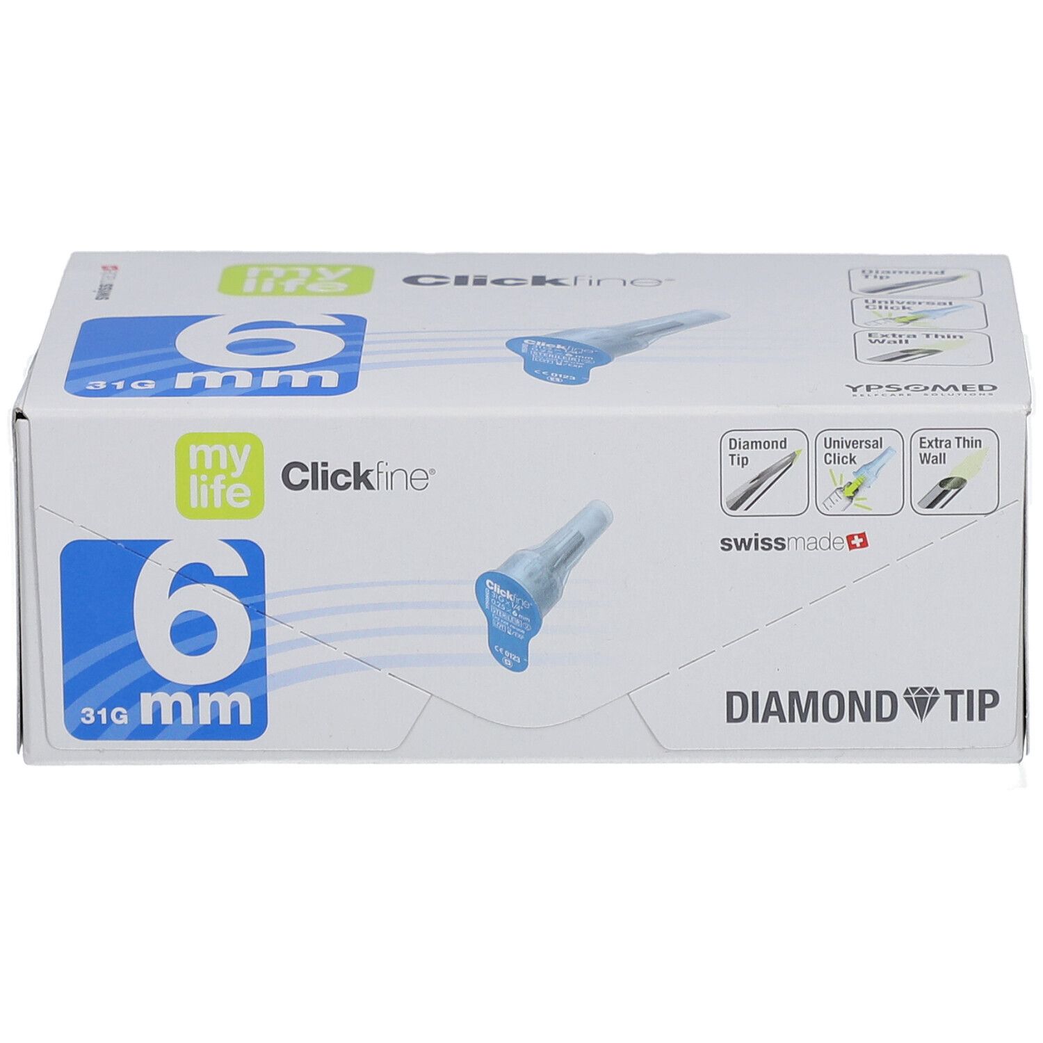 Verpackung mit 6 Kanülen. Aufschrift: 6 mm, mylife Clickfine, Diamond Tip. Abbildung einer Kanüle.