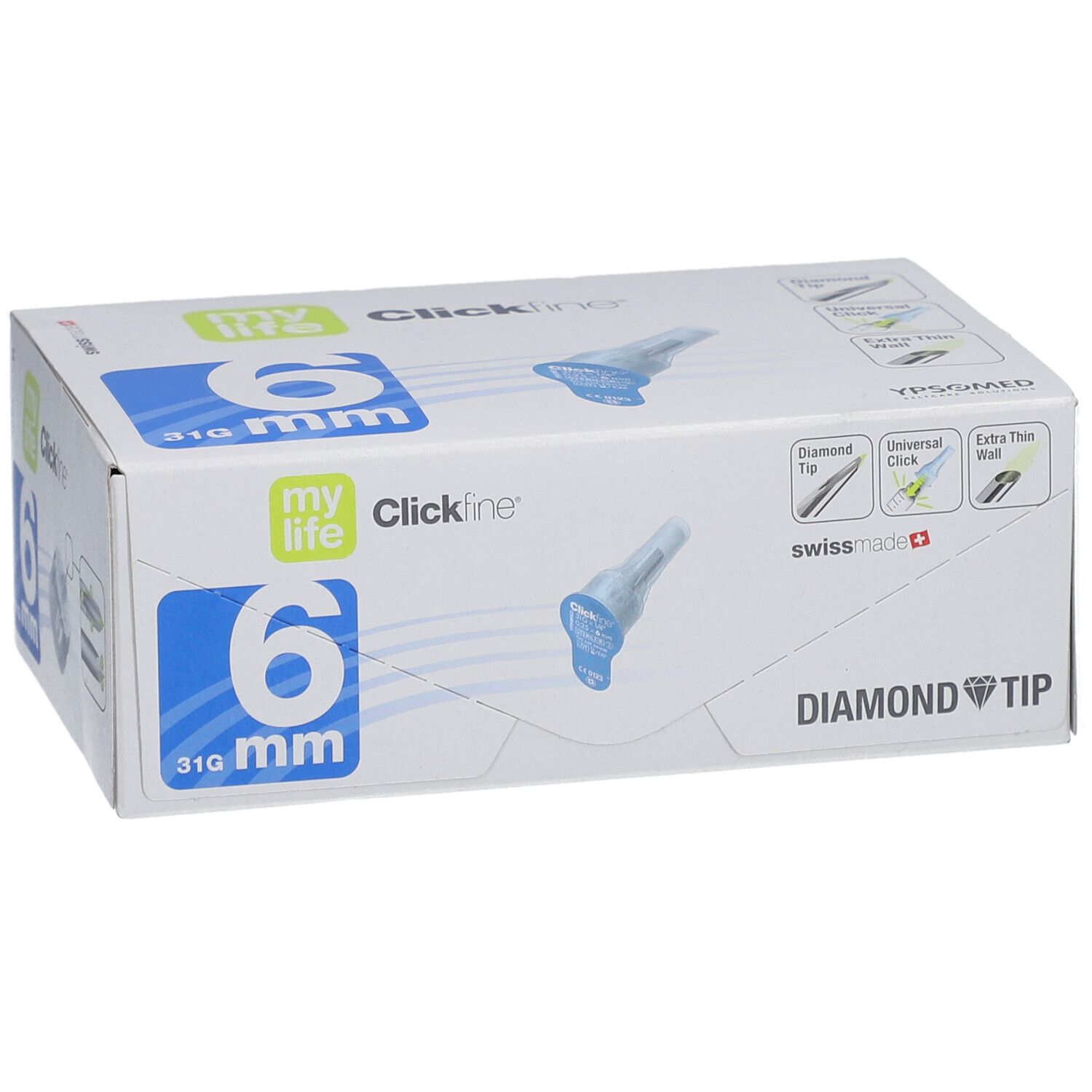 Verpackung mit 6 Kanülen. Aufschrift: 6 mm, mylife Clickfine, Diamond Tip. Abbildung einer Kanüle.