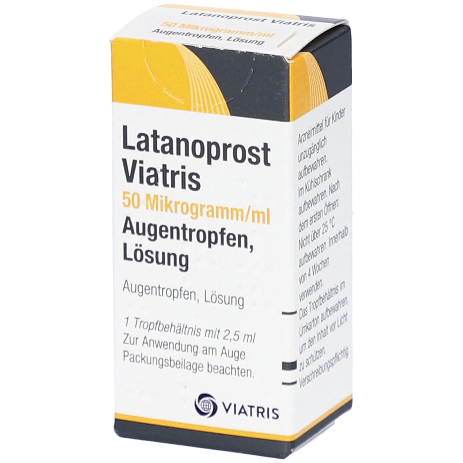 Karton von Latanoprost Viatris Augentropfen. Gelb-schwarzes Design. Produktname und Dosierung deutlich sichtbar.