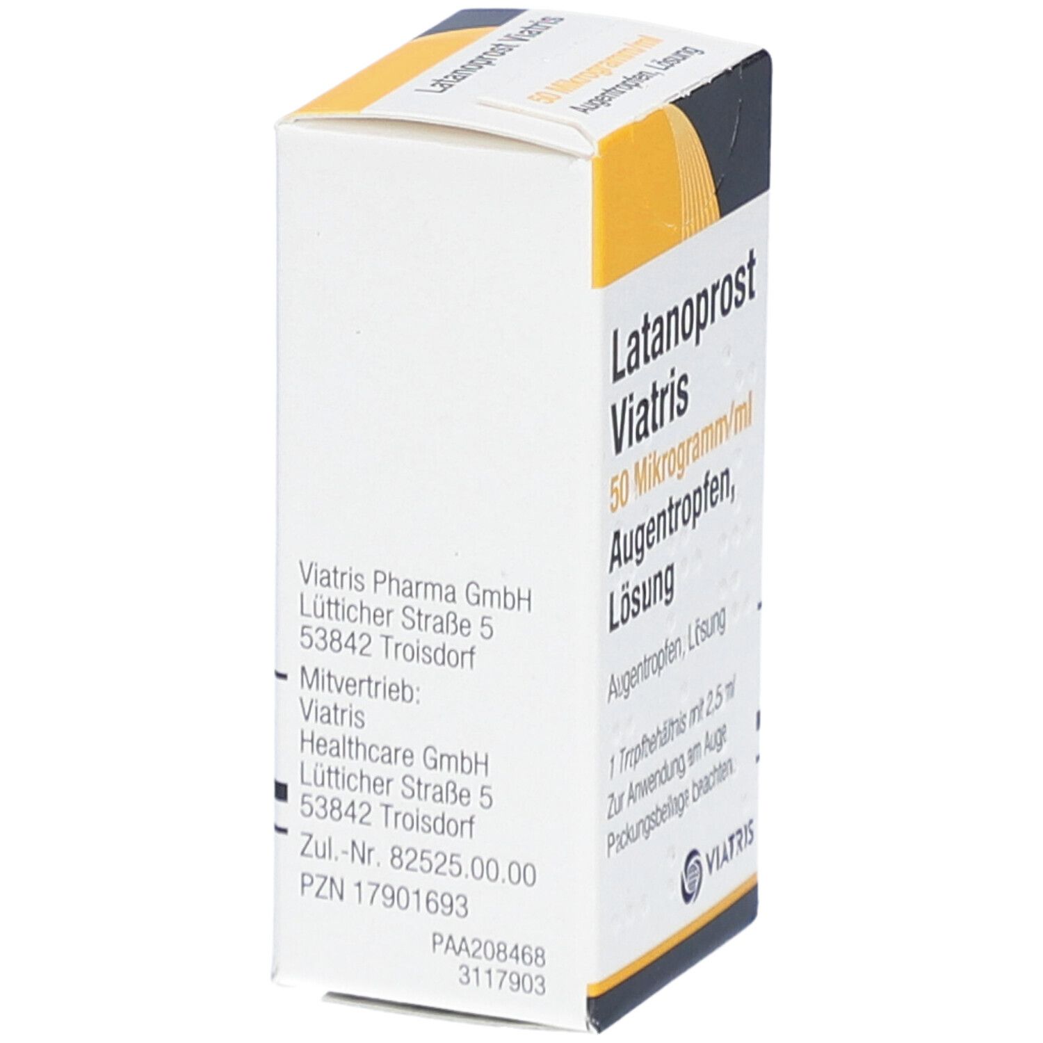 Rückseite der Latanoprost Viatris Augentropfen-Verpackung. Herstellerinformationen und Logo.