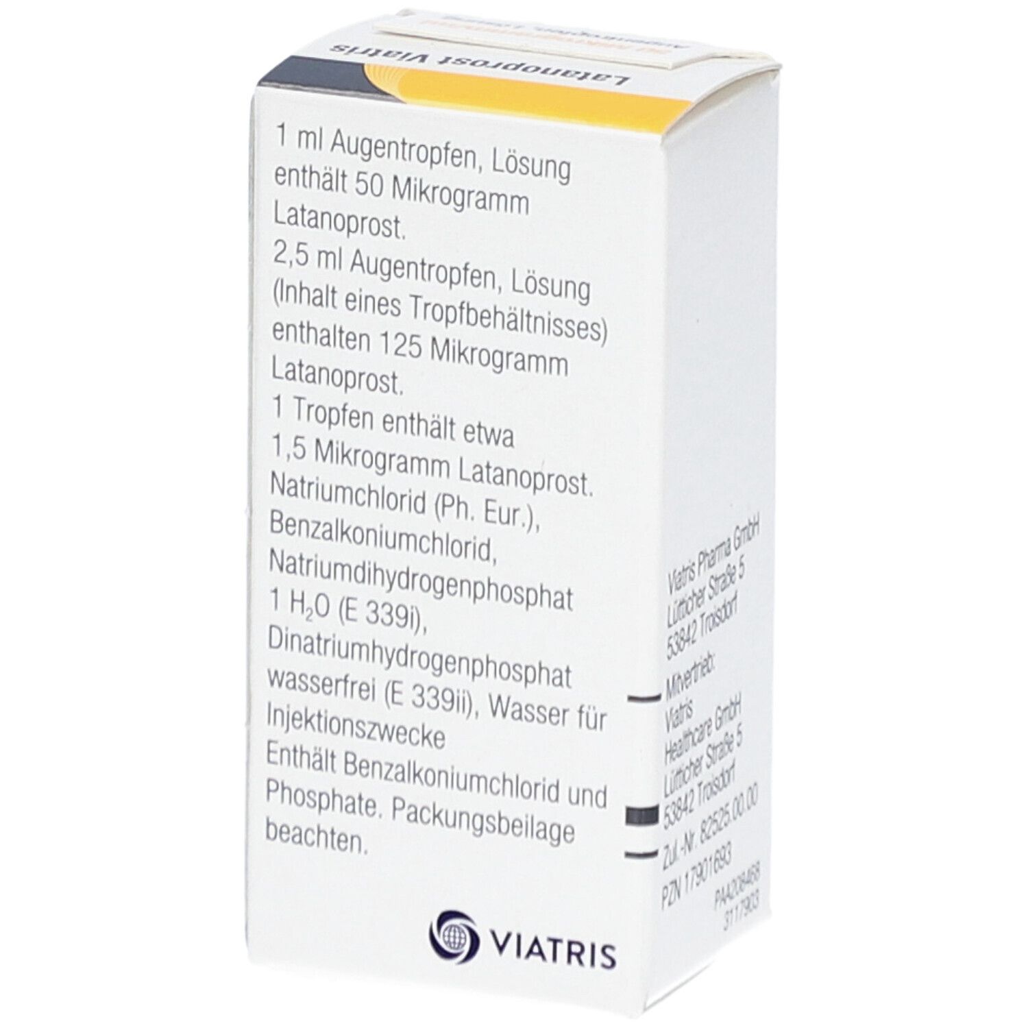 Seite der Latanoprost Viatris Augentropfen-Verpackung. Auflistung der Inhaltsstoffe und Herstellerinformationen.