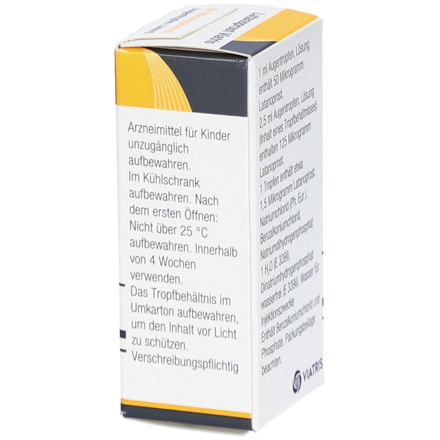 Seite der Latanoprost Viatris Augentropfen-Verpackung mit Warnhinweisen und Lagerungshinweisen.
