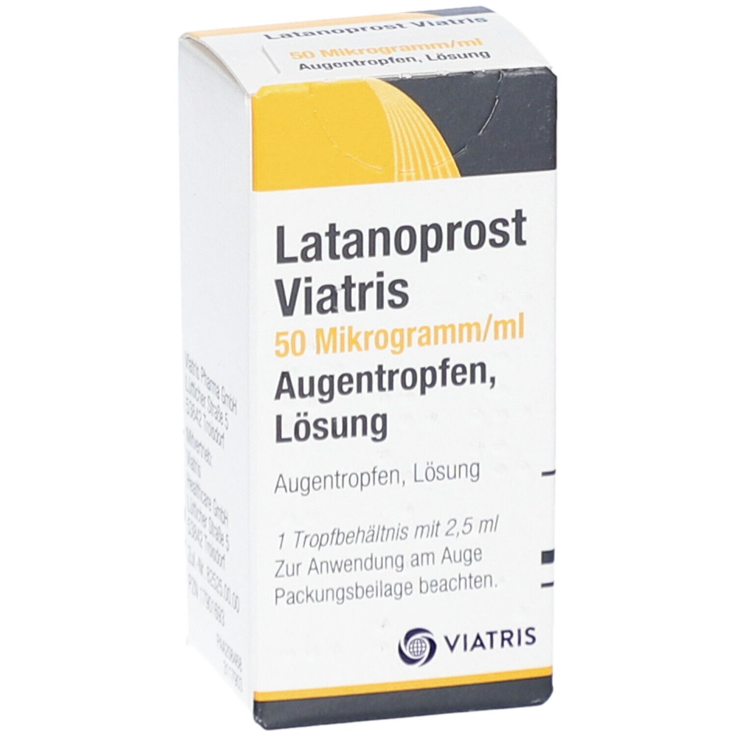 Vorderansicht der Latanoprost Viatris Augentropfen-Verpackung. Produktname, Dosierung und Logo.