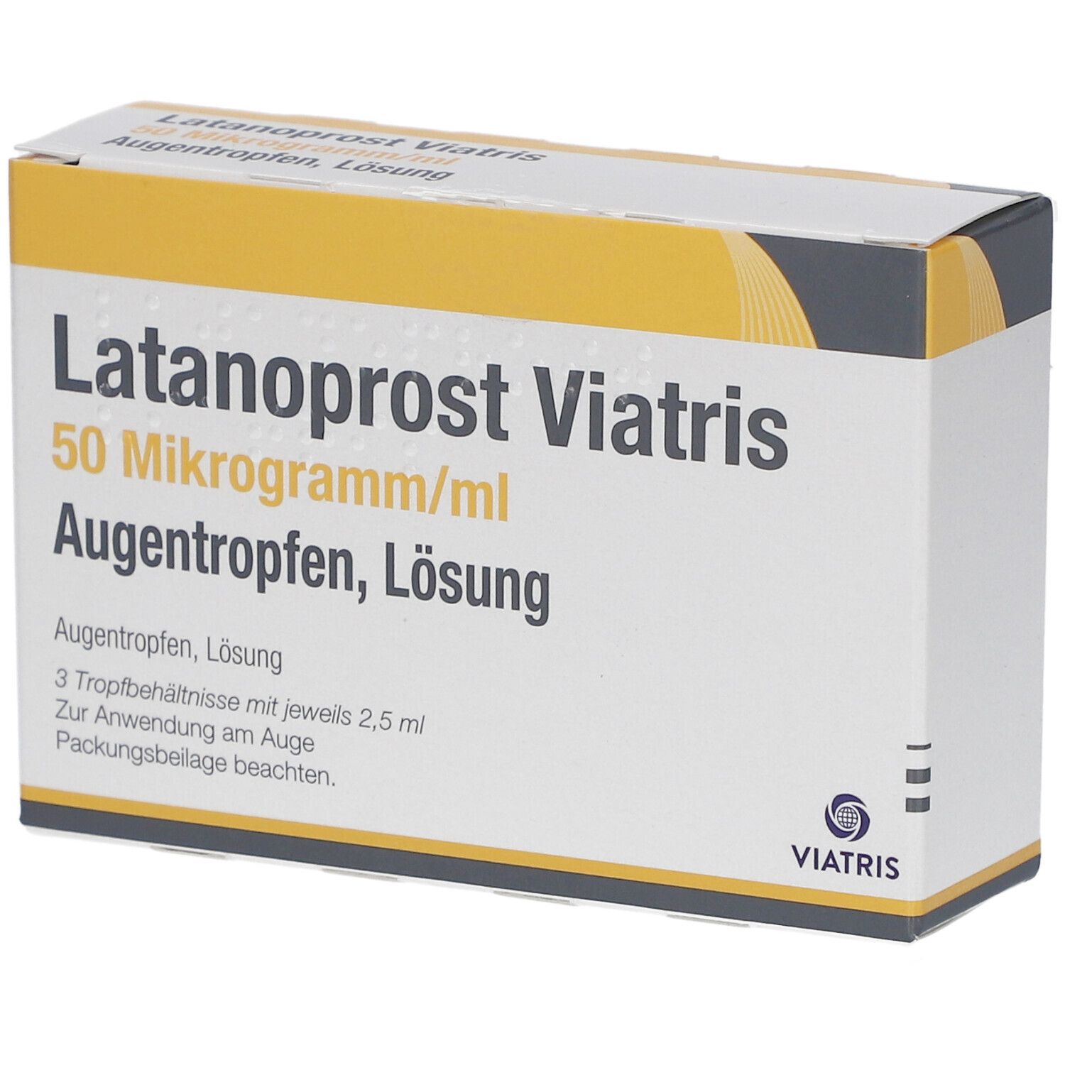 Verpackung von Augentropfen. Aufschrift: Latanoprost Viatris 50 Mikrogramm/ml Augentropfen, Lösung. Viatris Logo.