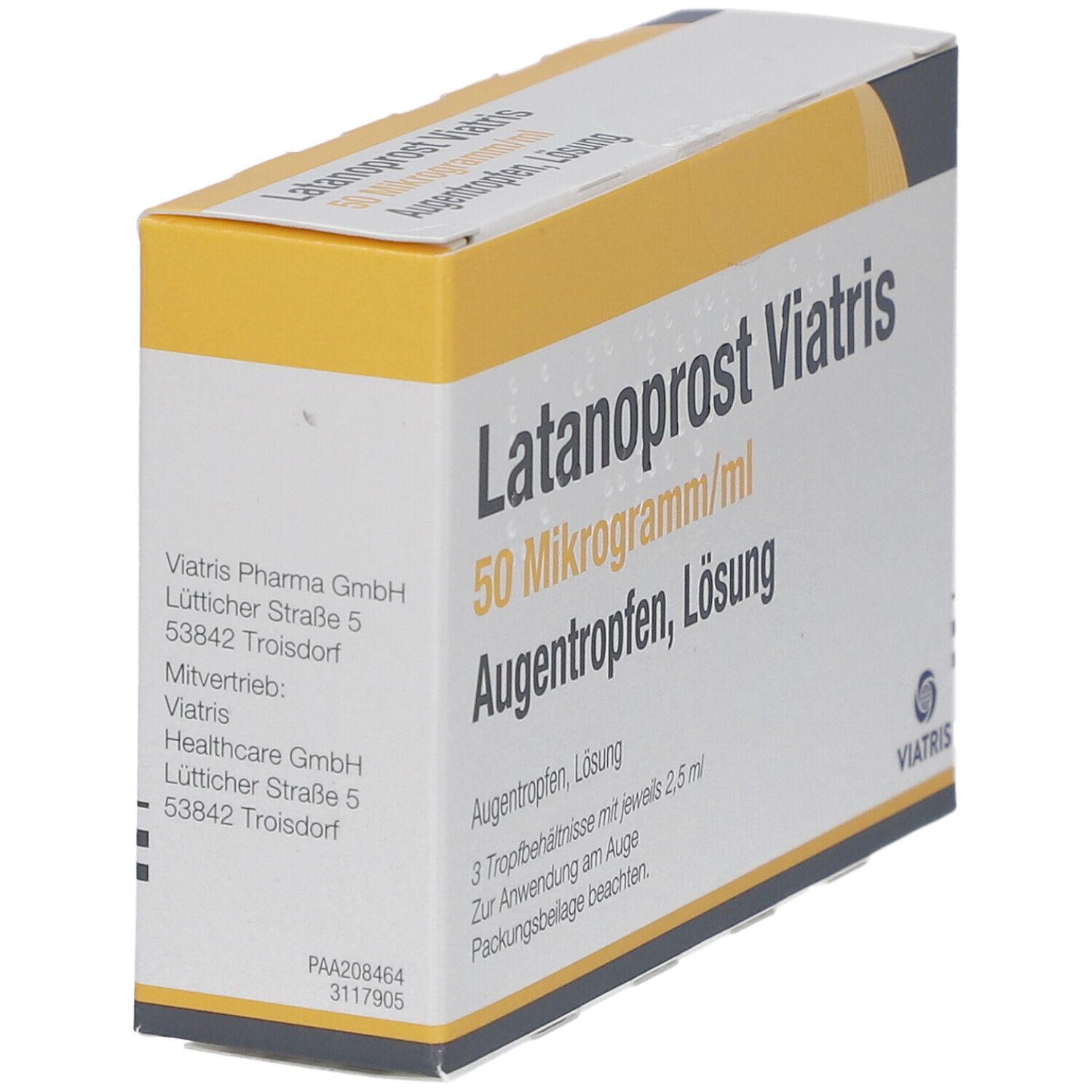 Schräg gestellte Verpackung von Augentropfen. Aufschrift: Latanoprost Viatris 50 Mikrogramm/ml Augentropfen, Lösung. Viatris Logo.