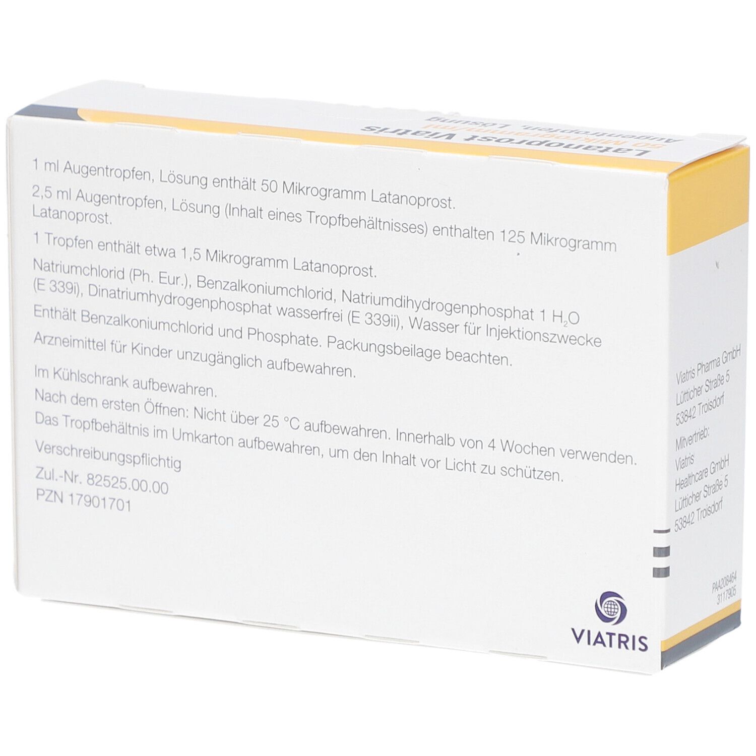 Rückseite der Augentropfen-Verpackung. Textinformationen, Viatris Logo und Adresse.