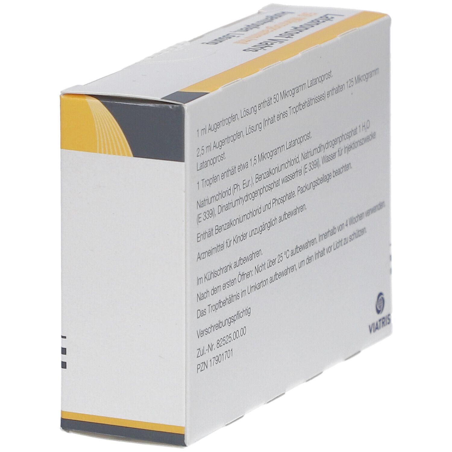 Schräg gestellte Rückseite der Augentropfen-Verpackung. Textinformationen, Viatris Logo und Adresse.