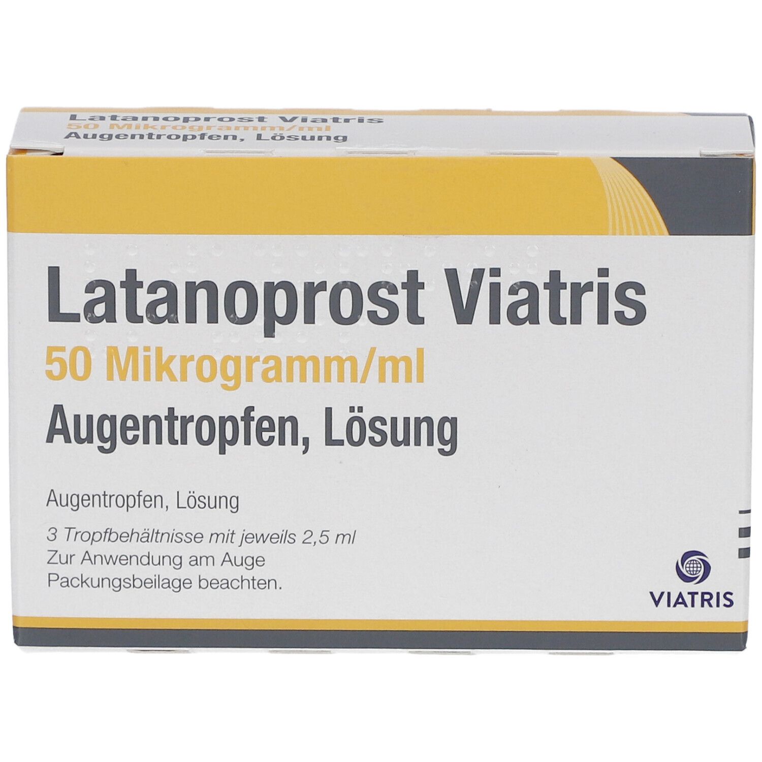 Verpackung von Augentropfen. Aufschrift: Latanoprost Viatris 50 Mikrogramm/ml Augentropfen, Lösung. Viatris Logo.
