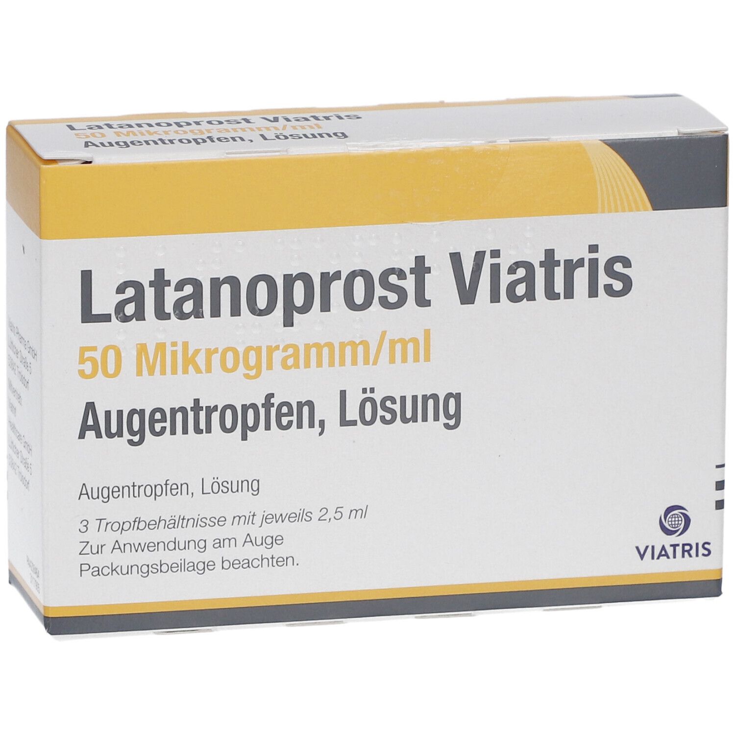 Verpackung von Augentropfen. Aufschrift: Latanoprost Viatris 50 Mikrogramm/ml Augentropfen, Lösung. Viatris Logo.