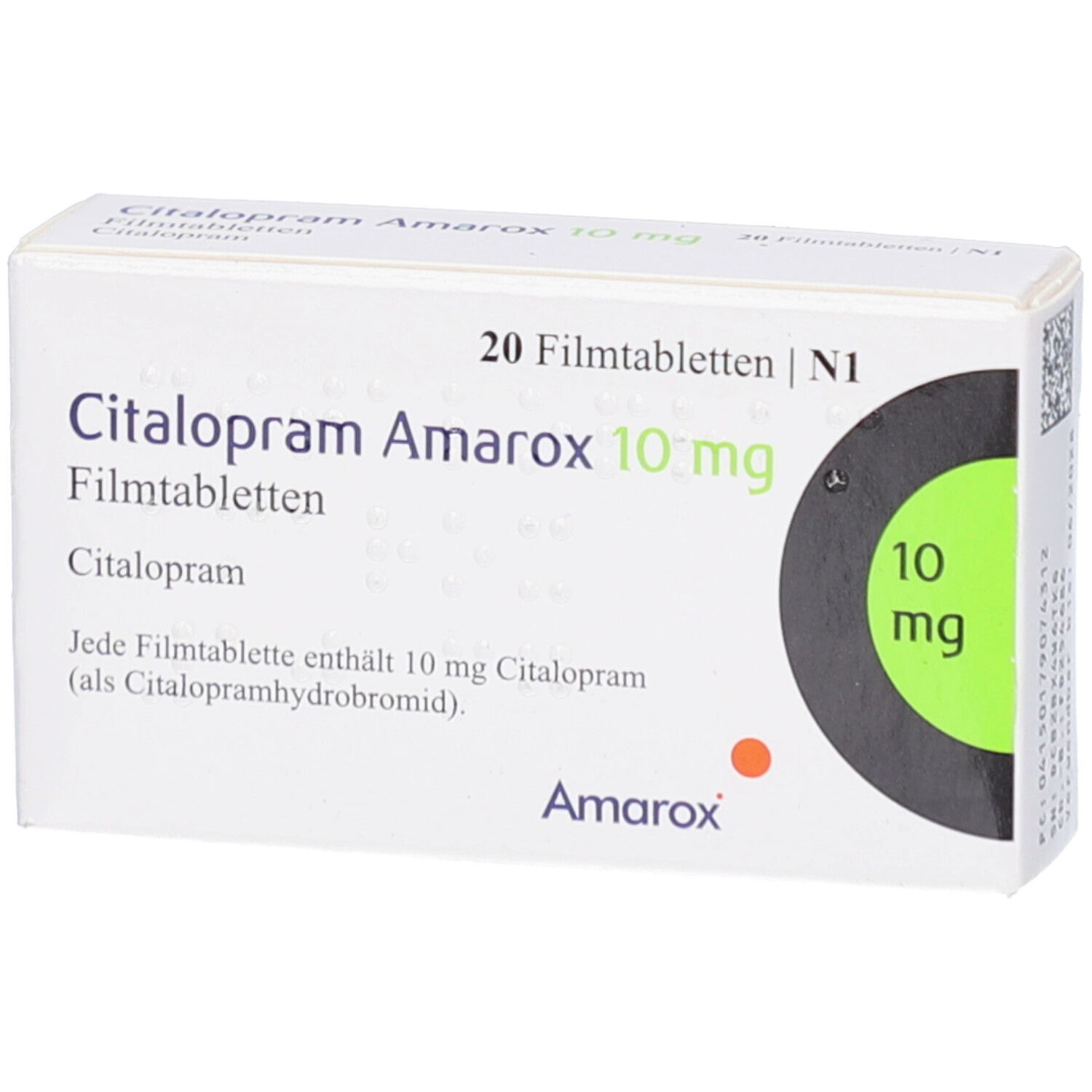 Weiße Schachtel mit Citalopram Amarox 10 mg Filmtabletten. Aufdruck: 20 Filmtabletten, 10 mg. Marke Amarox.